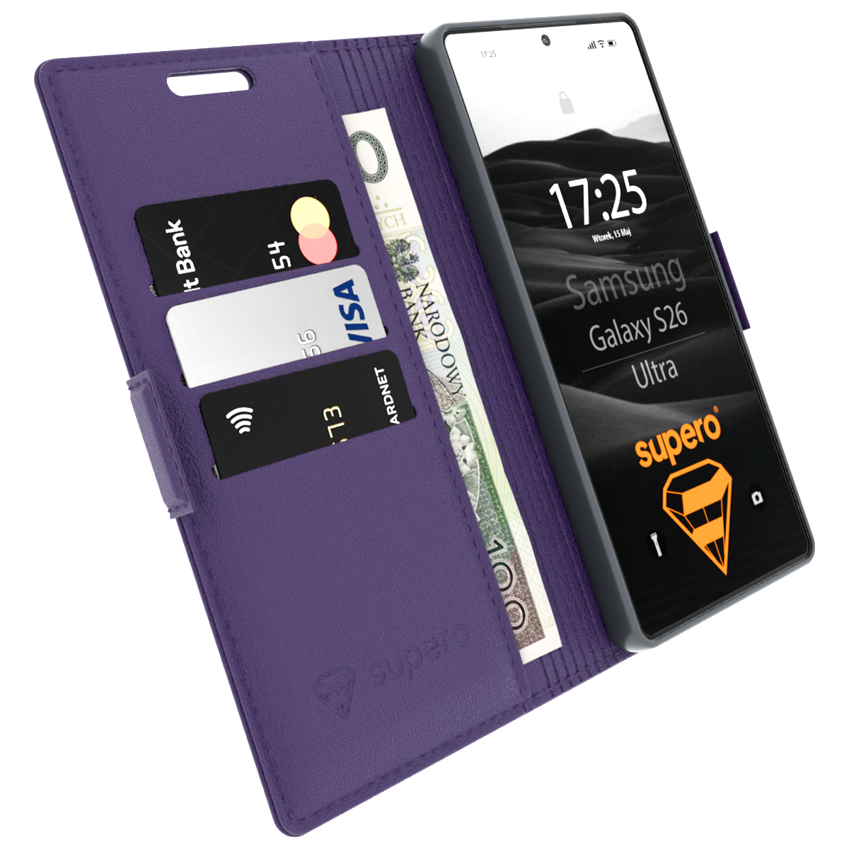 Etui z klapką w kolorze fioletowym, z miejscem na karty i banknoty, obok smartfon z wyświetlaczem pokazującym godzinę 17:25 i napis \'Samsung Galaxy S26 Ultra\'. Widoczne logo \'supero\' na ekranie telefonu.