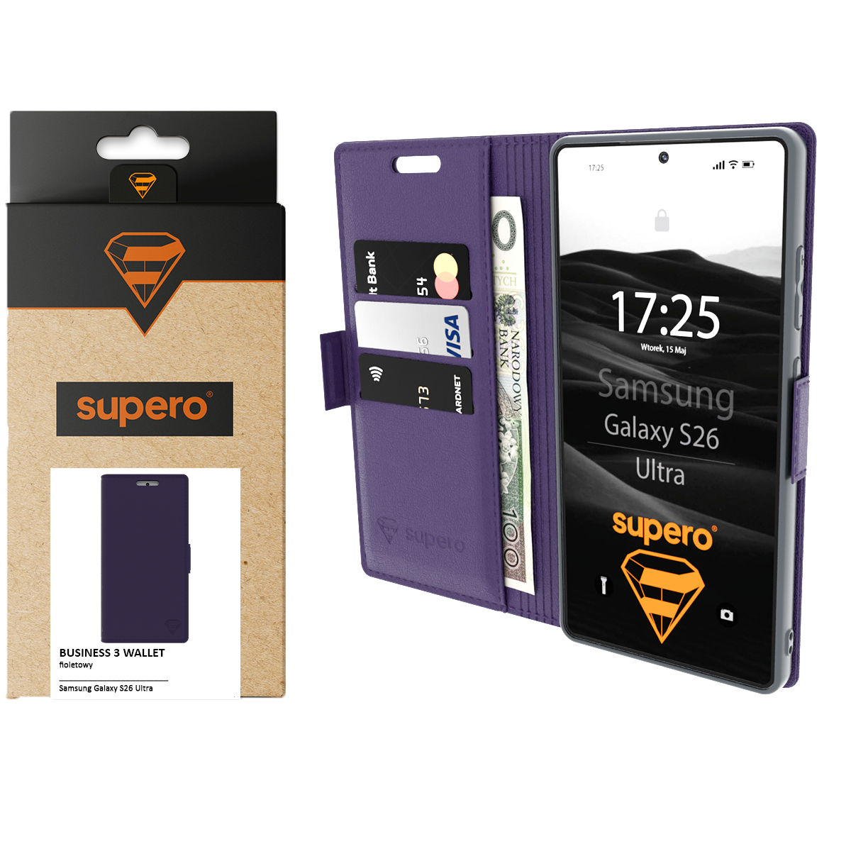 Etui z klapką do Galaxy S26 Ultra w kolorze fioletowym, z miejscem na karty i banknoty. Opakowanie z logo \'supero\' i napisem \'BUSINESS 3 WALLET fioletowy\'.