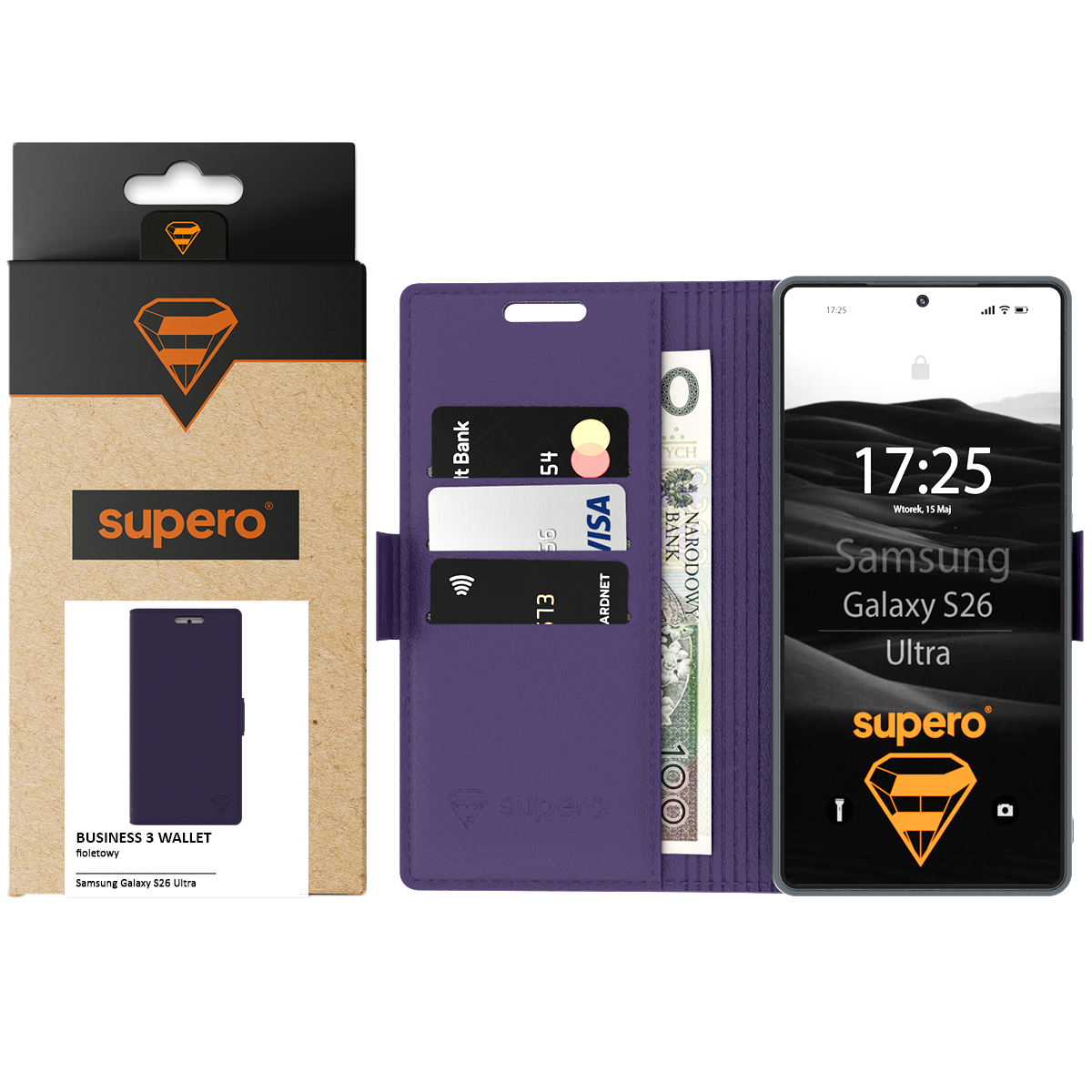 Na obrazie widoczne jest fioletowe etui z klapką do telefonu, z miejscem na karty i banknoty, obok opakowania z logo \'supero\'. Na ekranie telefonu wyświetla się godzina 17:25 oraz napis \'Samsung Galaxy S26 Ultra\'.