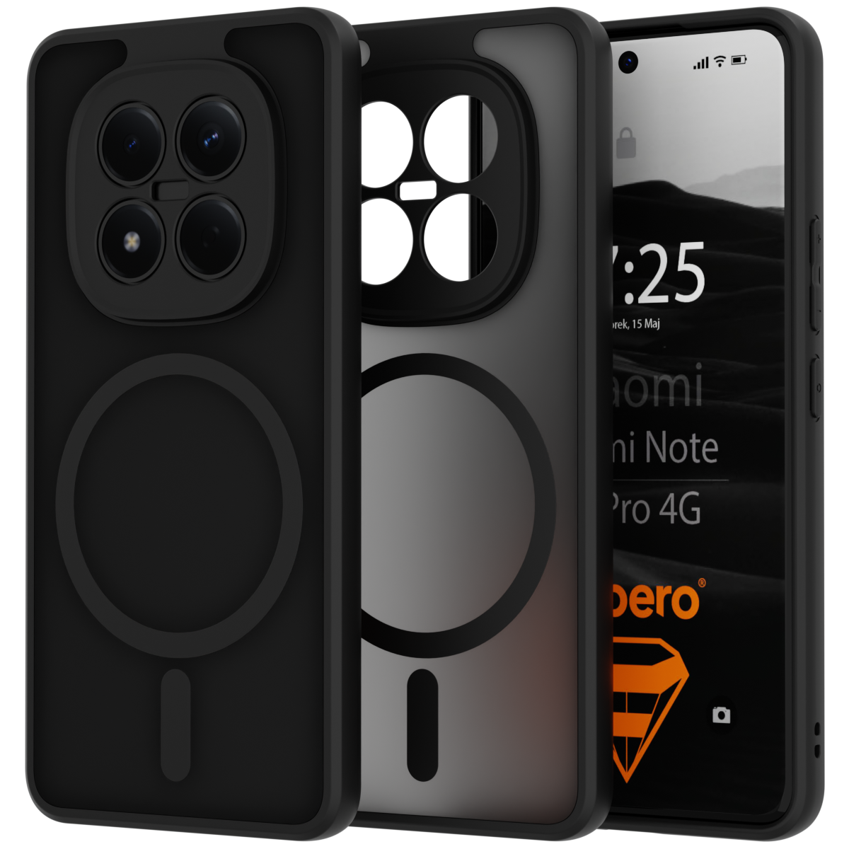 Na obrazie widoczne są trzy czarne etui do telefonu, jedno z nich ma okrągły wzór na środku. Na ekranie telefonu widać tekst: \'Xiaomi Redmi Note Pro 4G\' oraz logo \'media expert\'.