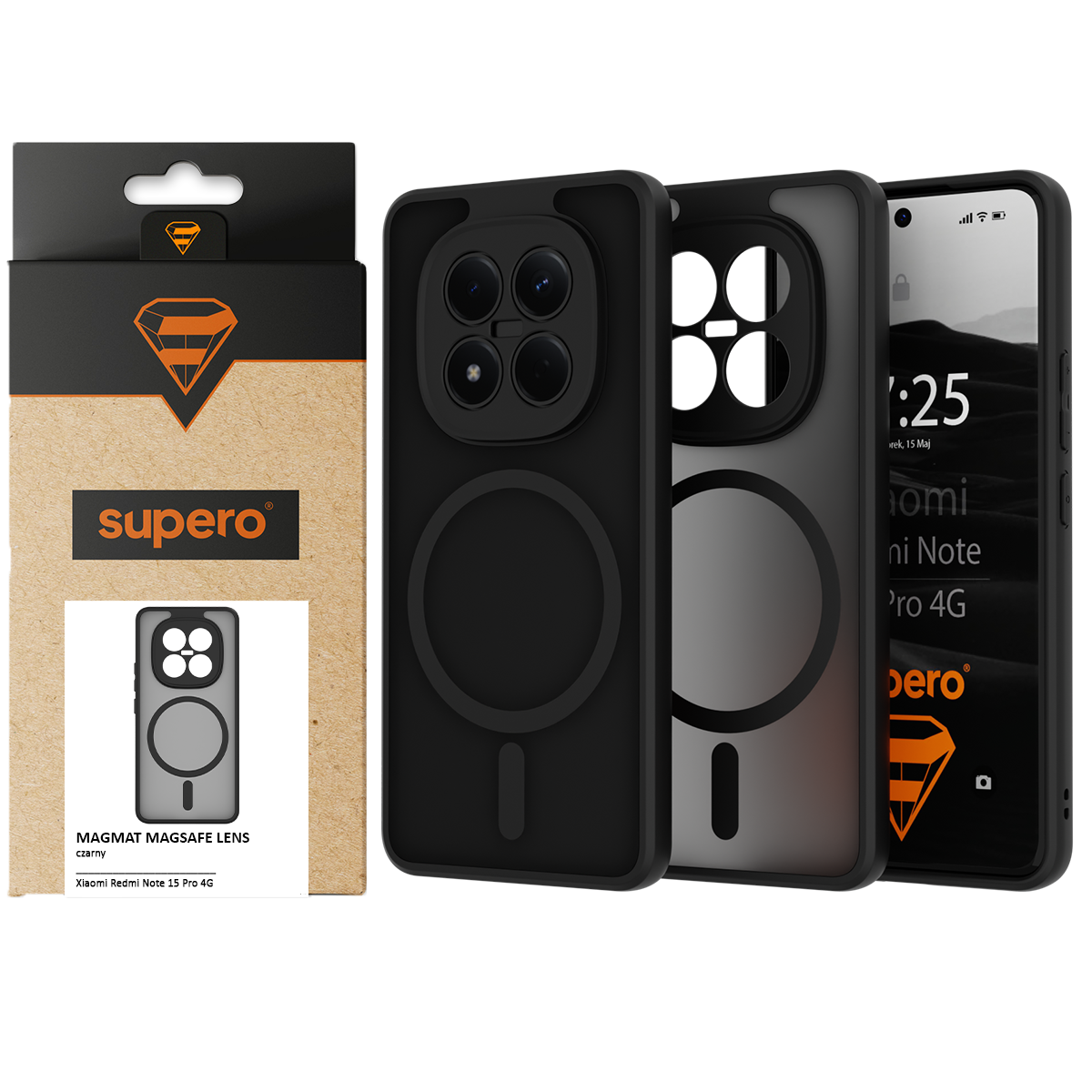 Na obrazie widoczne jest czarne etui ochronne do telefonu z okrągłym wycięciem na aparat i logo \'supero\' na opakowaniu. Opakowanie zawiera napis \'MAGMAT MAGSAFE LENS czarny Xiaomi Redmi Note 15 Pro 4G\'.