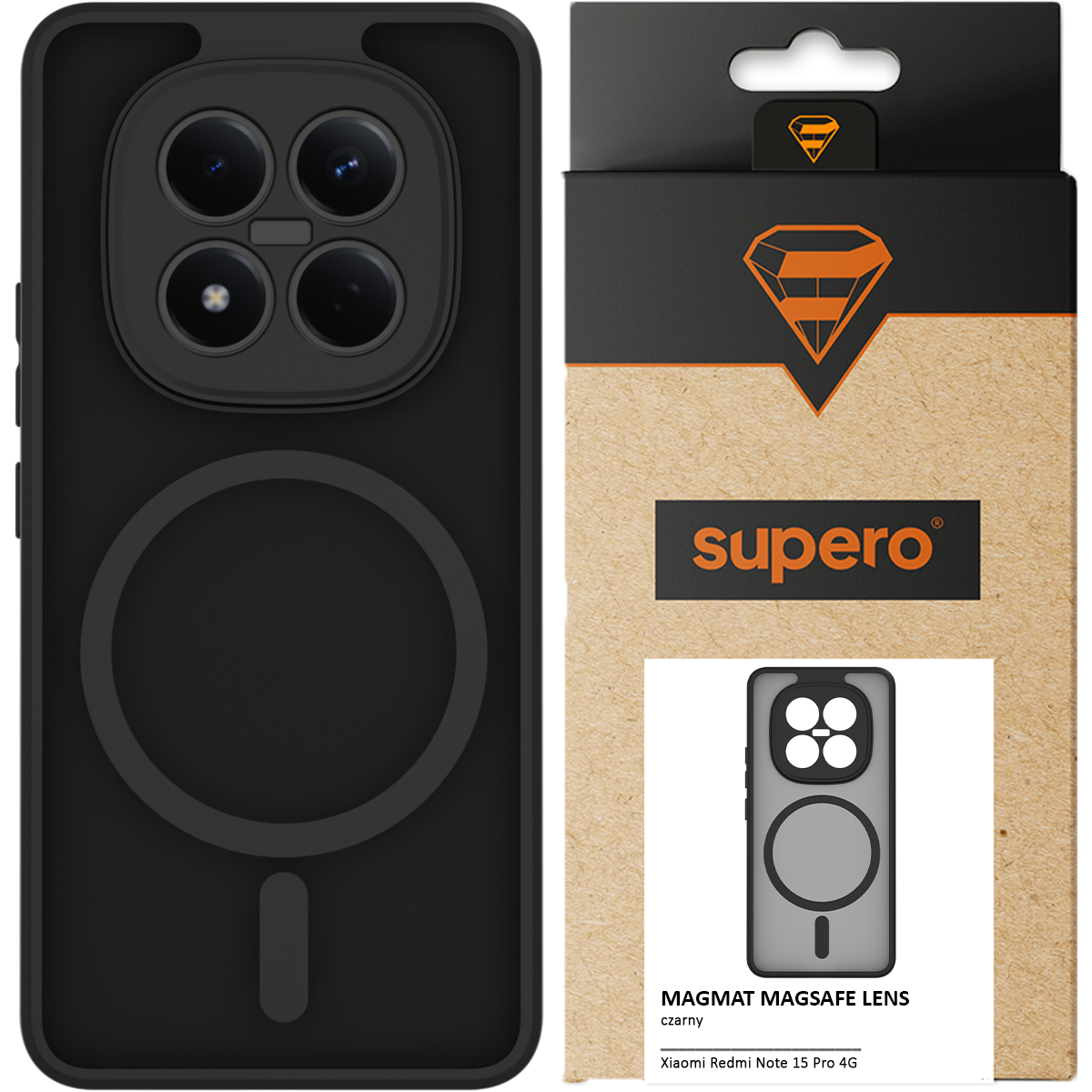 Czarne etui ochronne z okrągłym wzorem na środku, przeznaczone do Xiaomi Redmi Note 15 Pro 4G. Obok znajduje się opakowanie z logo \'supero\' i napisem \'MAGMAT MAGSAFE LENS czarny\'.
