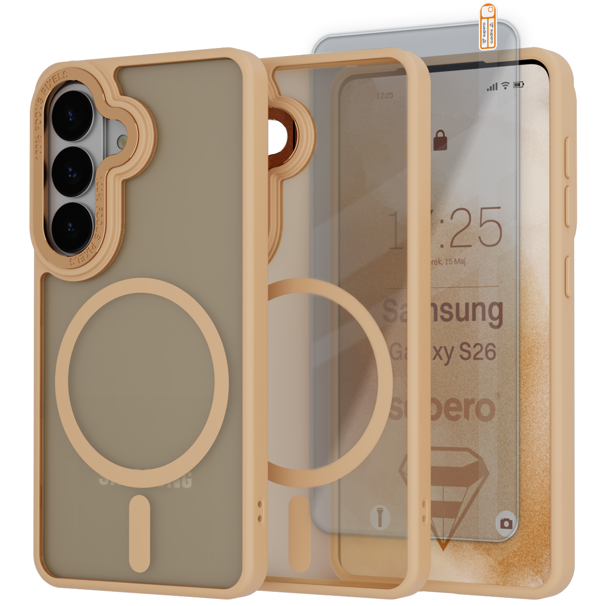 Obraz przedstawia magnetyczne etui do telefonu Samsung Galaxy S26 w kolorze beżowym, z trzema otworami na aparaty oraz przezroczystą osłoną na ekran. Na ekranie widoczny jest tekst: \'Samsung Galaxy S26\'.