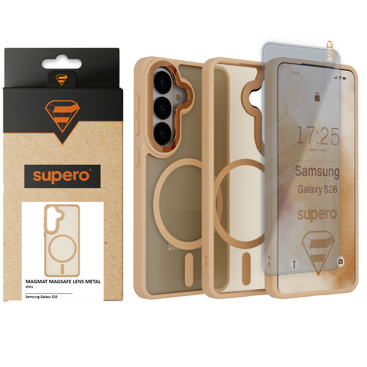 Obraz przedstawia złote etui do Samsung Galaxy S26 z magnetycznym uchwytem, obok którego znajduje się opakowanie z logo \'supero\'. Na ekranie telefonu widoczny jest tekst: \'Samsung Galaxy S26 supero\'.