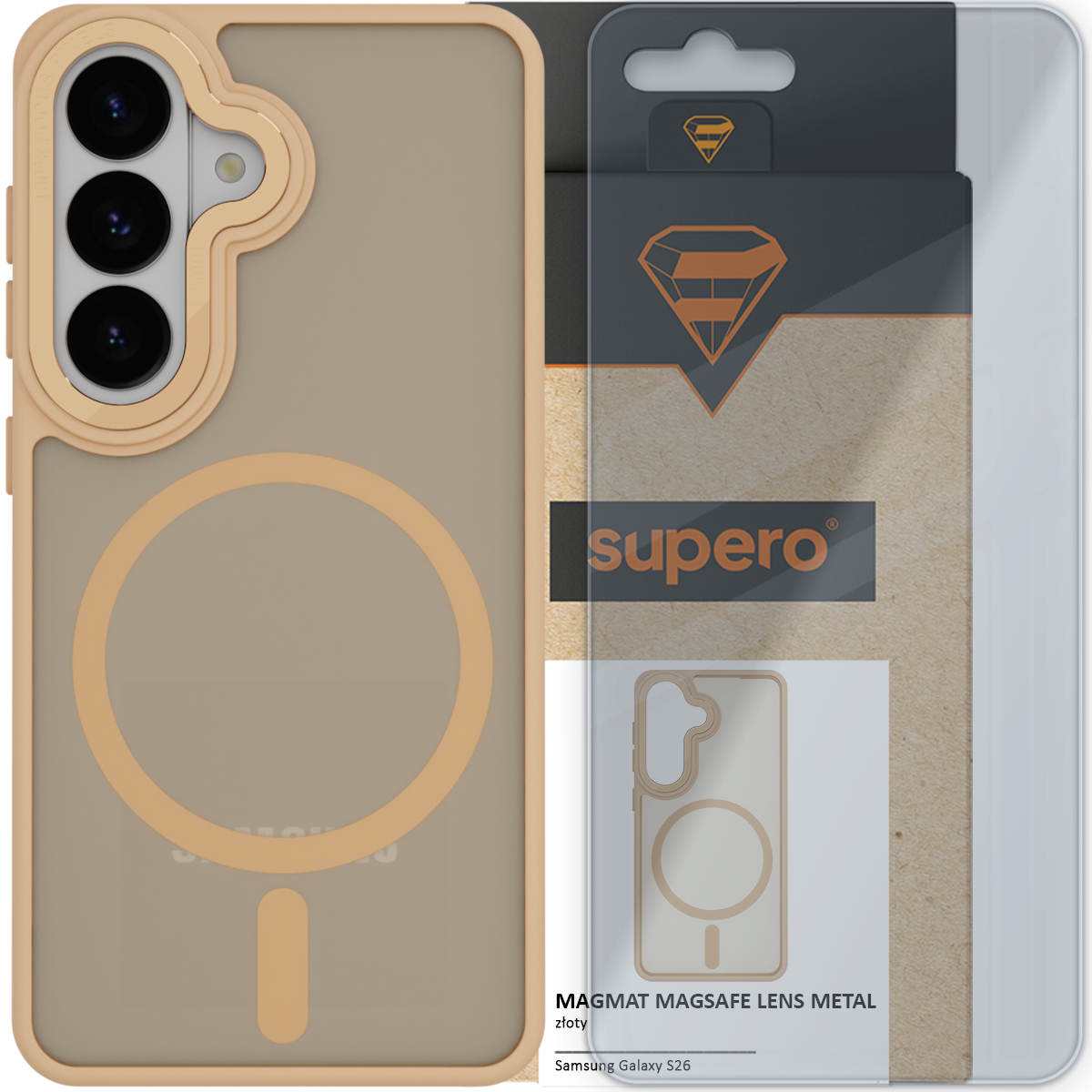 Obraz przedstawia etui do telefonu z trzema otworami na aparat i okrągłym wzorem na tylnej części. W tle widoczne jest opakowanie z logo \'supero\' oraz tekstem \'MAGMAT MAGSAFE LENS METAL złoty Samsung Galaxy S26\'.