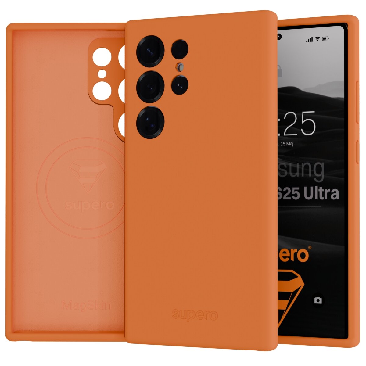 Pomarańczowe etui silikonowe z wycięciami na aparat, przeznaczone do telefonu Samsung Galaxy S25 Ultra. Na etui widoczne są napisy \'supero\' i \'MagSkin\'.