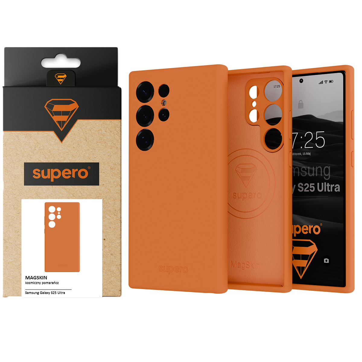 Obraz przedstawia pomarańczowe etui do telefonu Samsung Galaxy S25 Ultra z logo \'supero\' oraz opakowanie z napisem \'MAGSKIN kosmiczny pomarańcz\'.