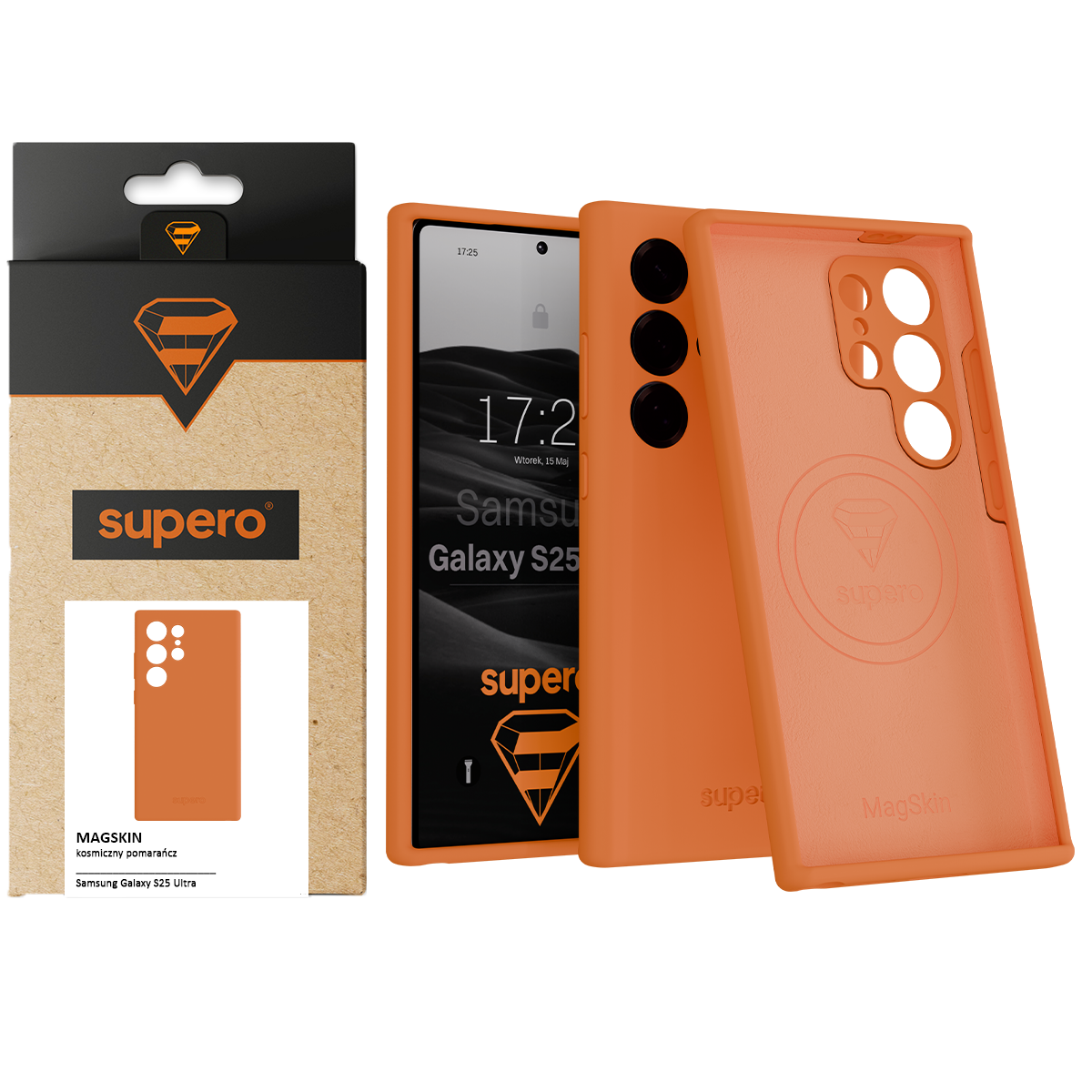 Na obrazie widoczne jest pomarańczowe etui do telefonu z trzema otworami na aparaty oraz opakowanie z logo \'supero\'. Na ekranie telefonu widnieje napis \'Samsung Galaxy S25 Ultra\'.
