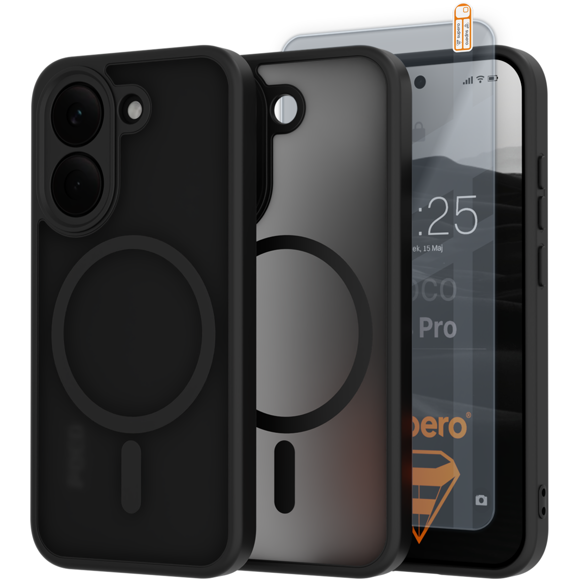 Obraz przedstawia czarne etui na telefon z okrągłym wzorem, obok którego znajduje się szkło hartowane z widocznym napisem \'Poco X8 Pro\'.