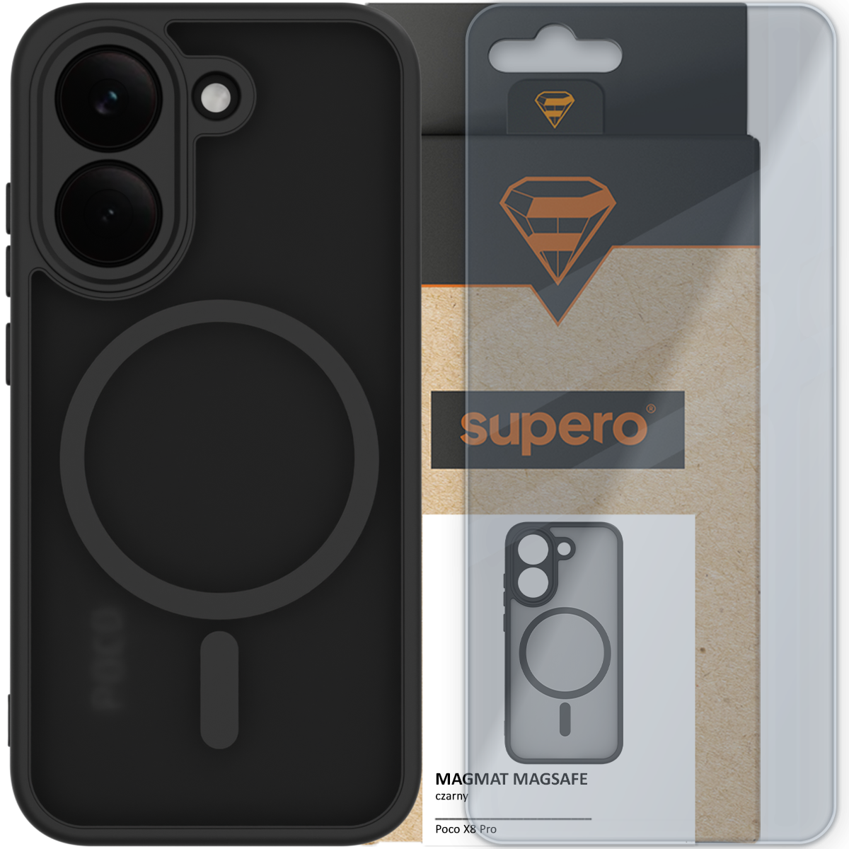 Czarne etui z okrągłym wzorem na tylnej części, przeznaczone dla Poco X8 Pro, z funkcją MagSafe. W tle widoczne jest opakowanie z logo \'supero\'.