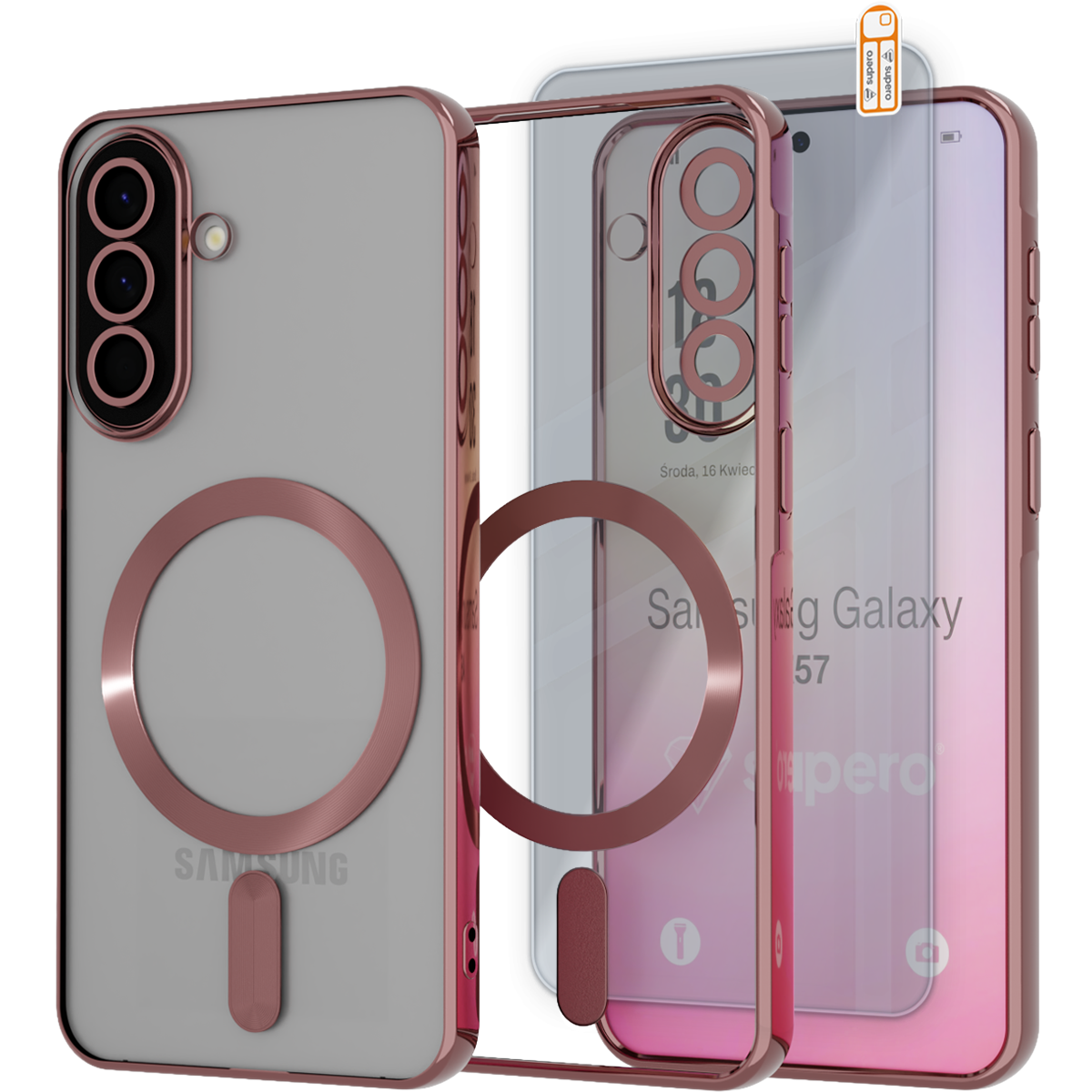 Obraz przedstawia etui do telefonu Samsung Galaxy A57 z wbudowanym MagSafe, w kolorze różowego złota. W tle widoczne jest szkło hartowane 9H z napisem \'Środa, 16 Kwietnia\'.