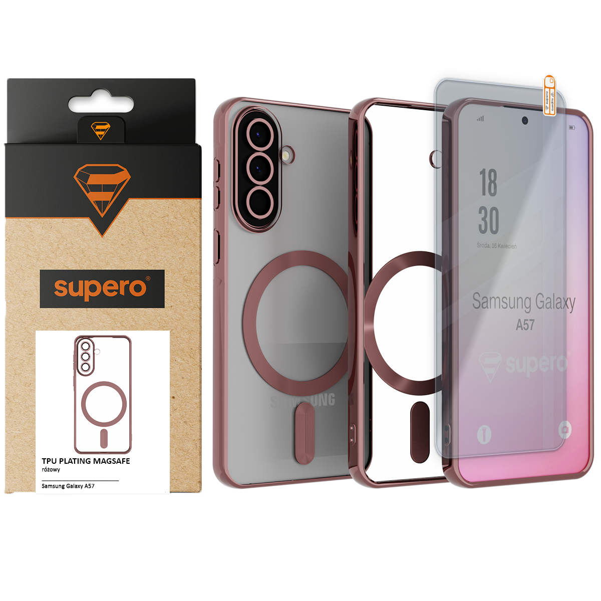 Na obrazie widoczne jest przezroczyste etui z różowymi akcentami do telefonu Samsung Galaxy A57, z wbudowanym pierścieniem MagSafe. Obok znajduje się opakowanie z logo \'supero\' oraz szkło hartowane 9H.
