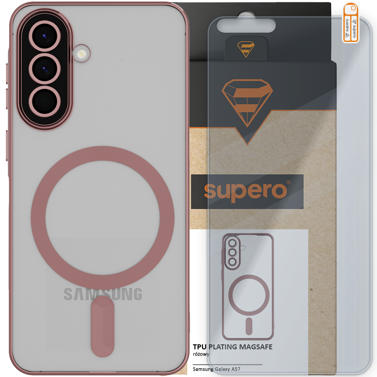 Obraz przedstawia etui do Samsung Galaxy A57 z wbudowanym MagSafe w kolorze różowym oraz szkło hartowane 9H. Na opakowaniu widoczne jest logo \'supero\'.