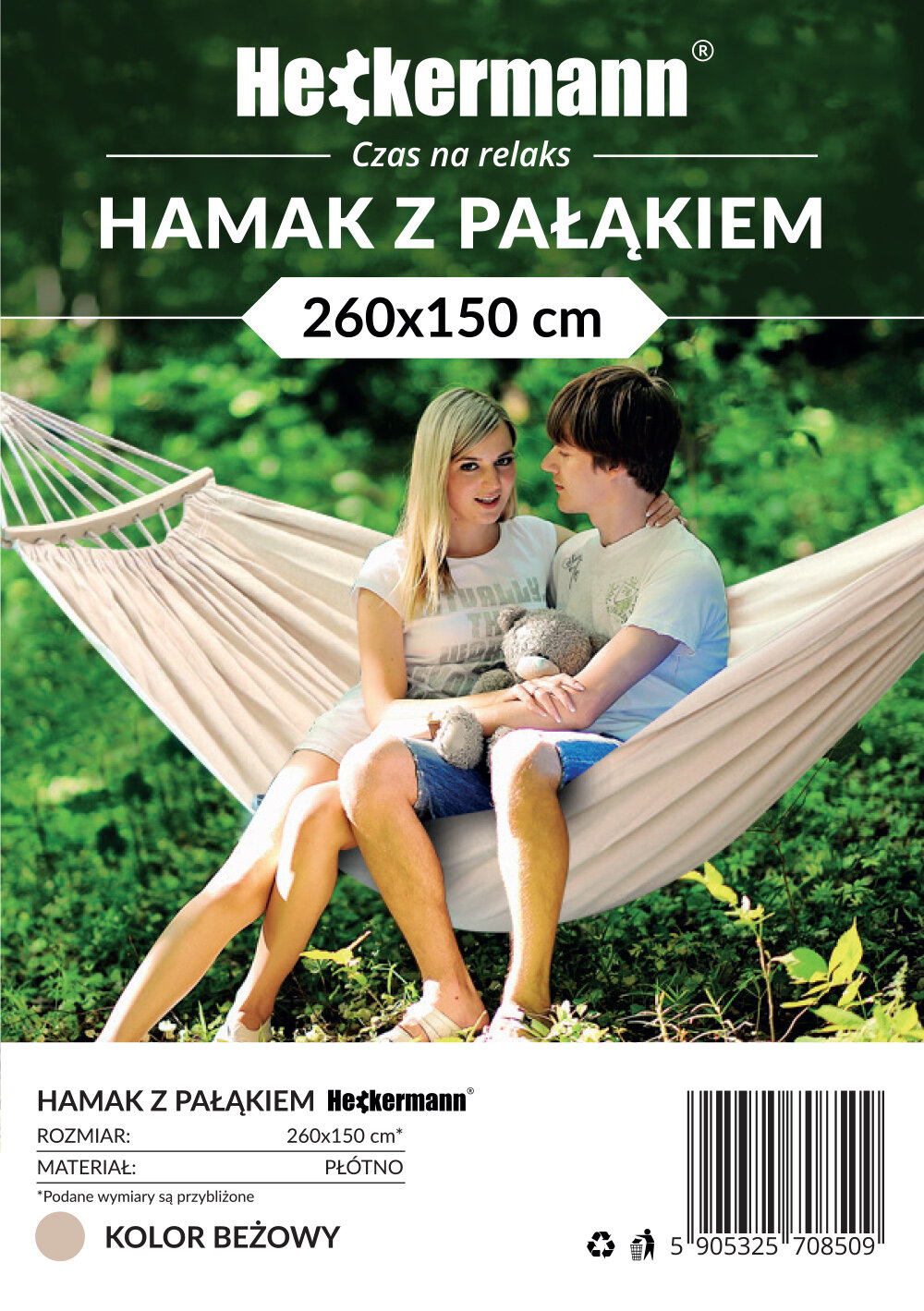 Na obrazie widoczny jest beżowy hamak z pałąkiem, na którym siedzi para. Tekst na obrazie: \'Heckermann Czas na relaks HAMAK Z PAŁĄKIEM 260x150 cm\', \'ROZMIAR: 260x150 cm*\', \'MATERIAŁ: PŁÓTNO\', \'KOLOR BEŻOWY\'.