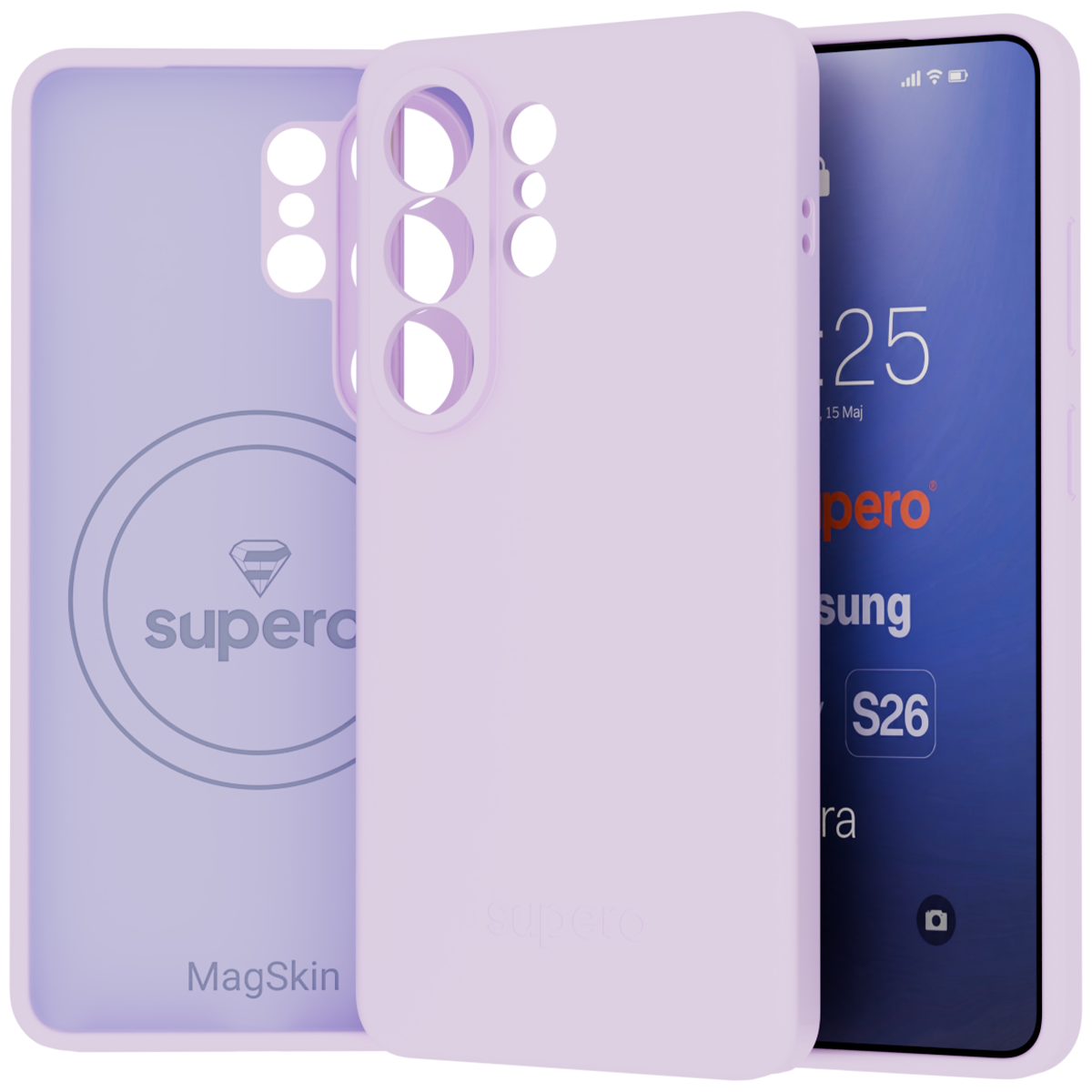 Obraz przedstawia fioletowe etui na telefon z wycięciami na aparat. Na etui widoczne są napisy \'supero\' i \'MagSkin\'.