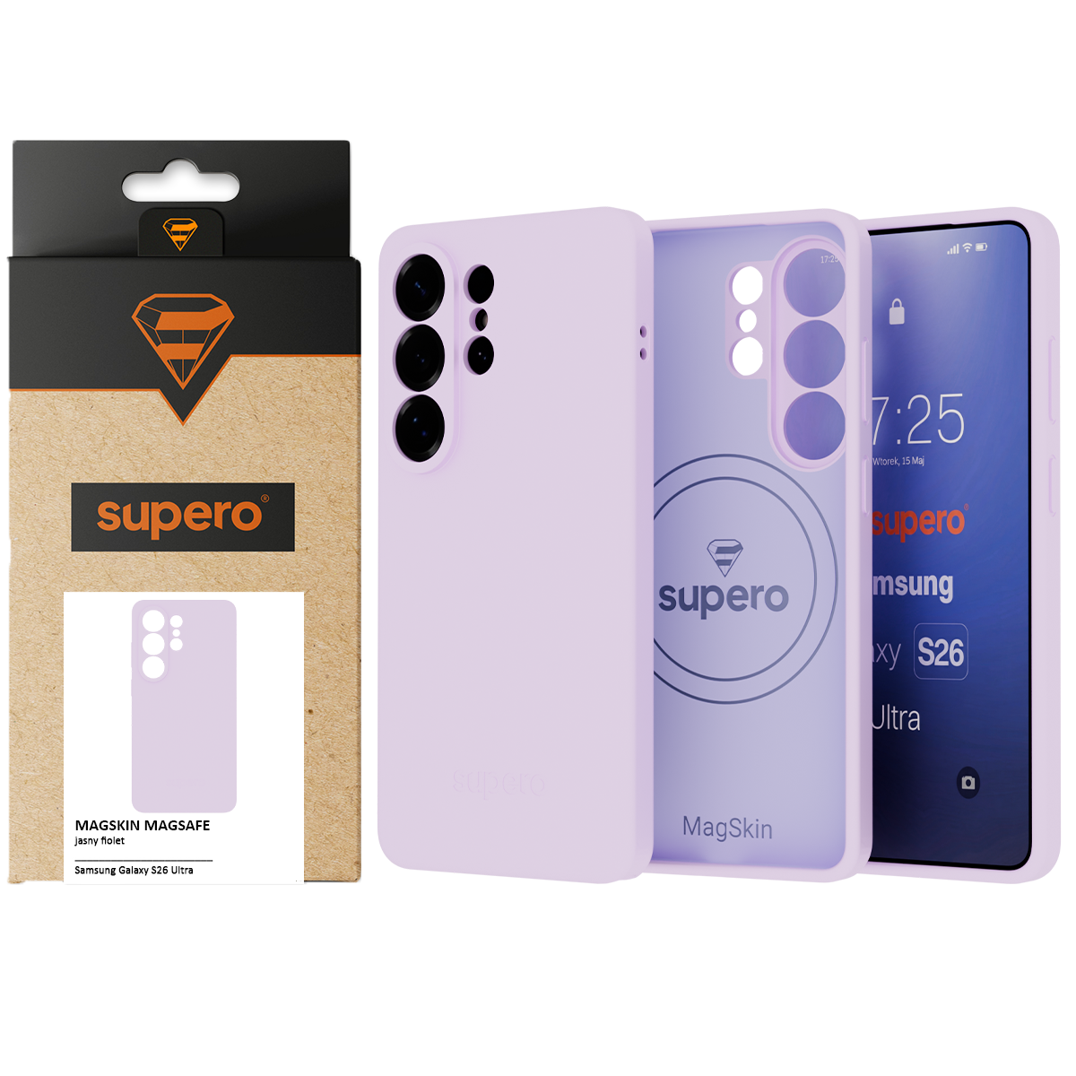 Na obrazie widoczne jest jasnofioletowe etui do telefonu Samsung Galaxy S26 Ultra z logo \'supero\' oraz opakowanie z napisem \'MAGSKIN MAGSAFE jasny fiolet\'.