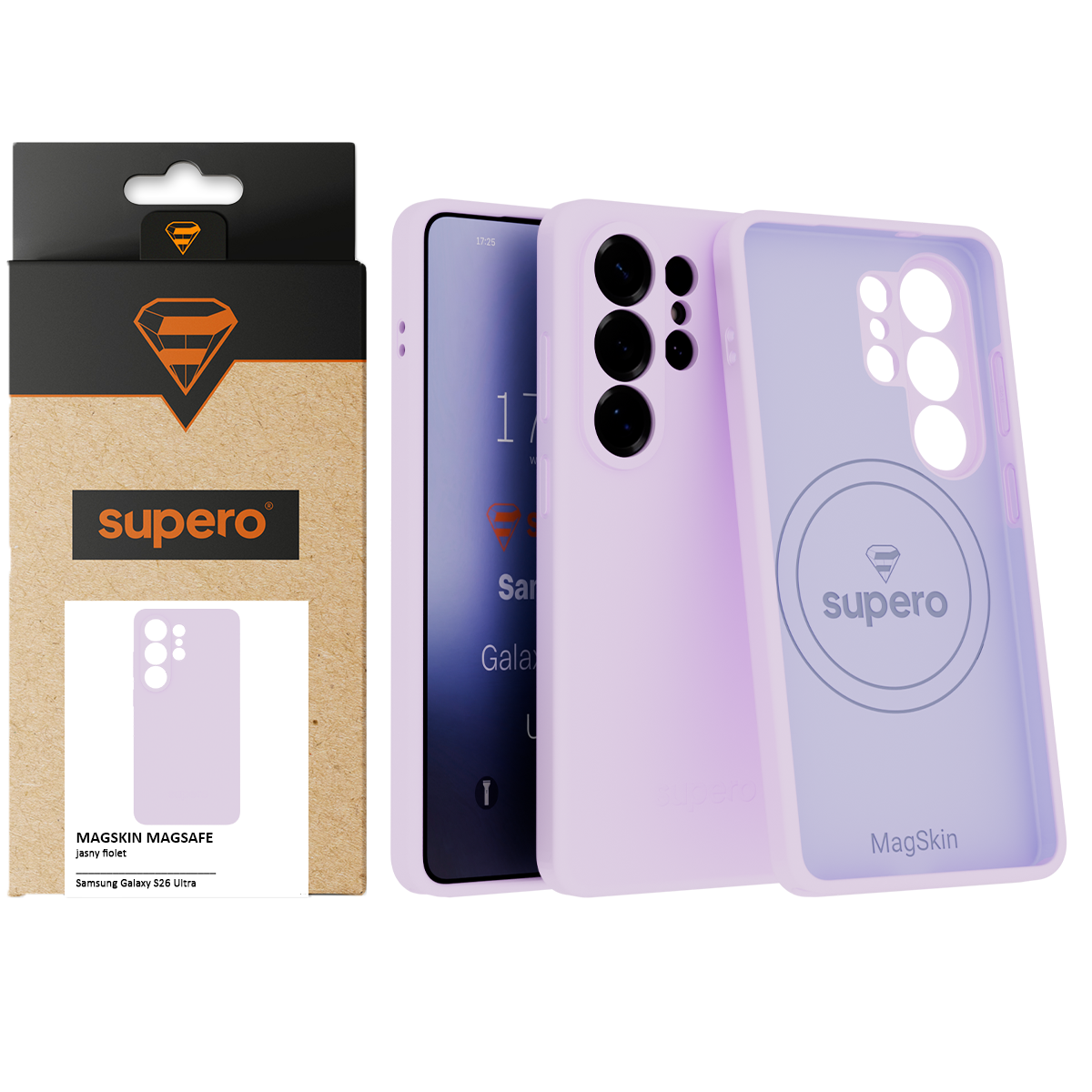 Obraz przedstawia fioletowe etui do telefonu Samsung Galaxy S26 Ultra z logo \'supero\' i napisem \'MagSkin\'. Obok znajduje się opakowanie z napisem \'MAGSKIN MAGSAFE jasny fiolet\'.