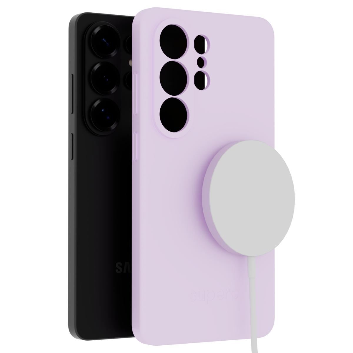 Na obrazie widoczne są dwa etui na telefon, jedno czarne, drugie fioletowe, z okrągłym, białym elementem magnetycznym. Na fioletowym etui widoczny jest napis \'supero\'.