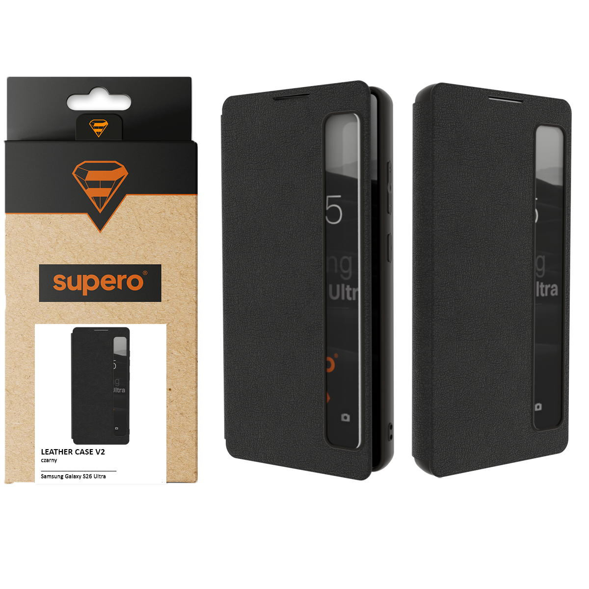 Na obrazie widoczne jest czarne etui z klapką Smart View do Galaxy S26 Ultra oraz jego opakowanie z logo \'supero\'. Opakowanie zawiera napis \'LEATHER CASE V2 czarny Samsung Galaxy S26 Ultra\'.
