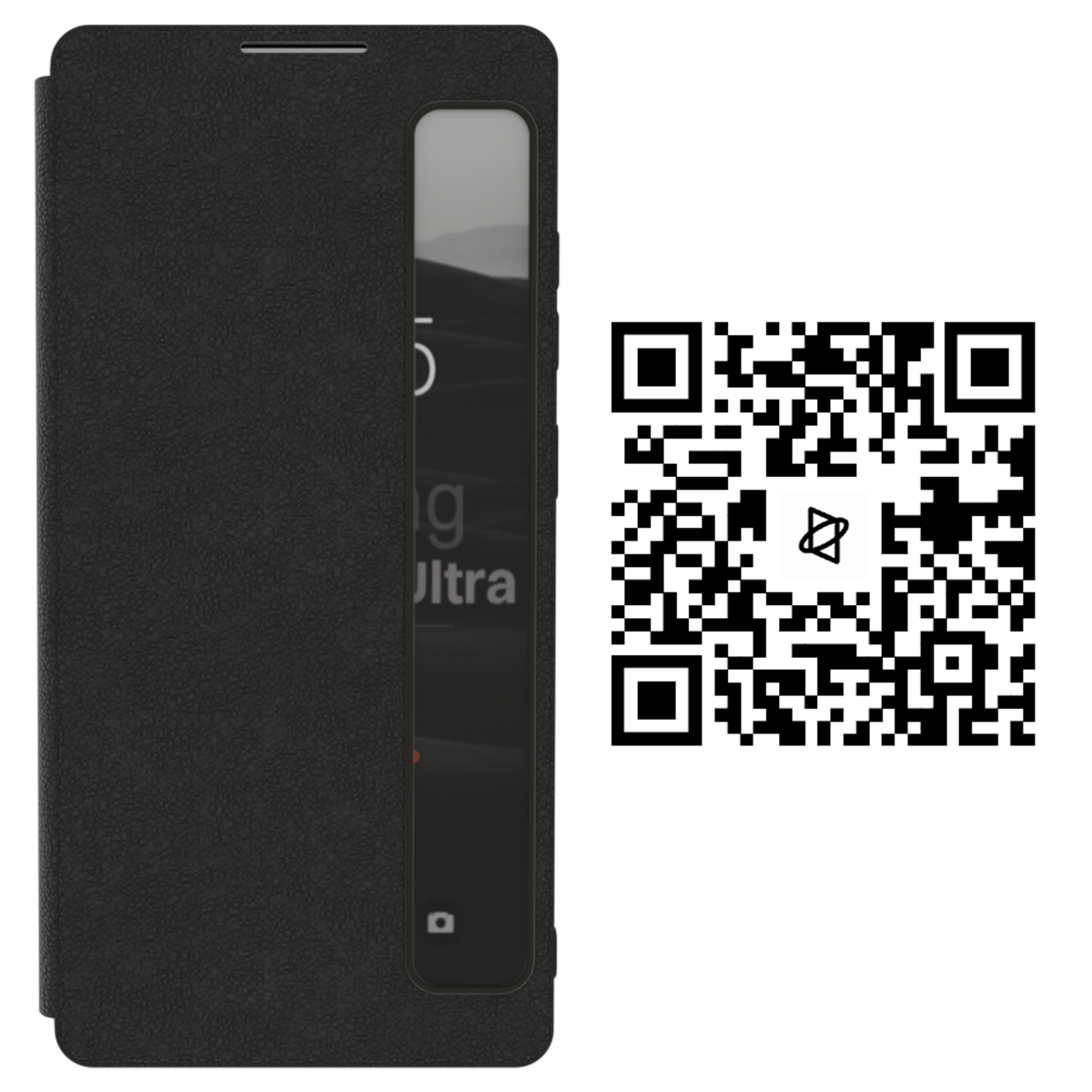 Czarny, skórzany etui do telefonu z oknem podglądu, obok znajduje się kod QR. Na ekranie telefonu widoczny jest tekst: \'Ultra\'.