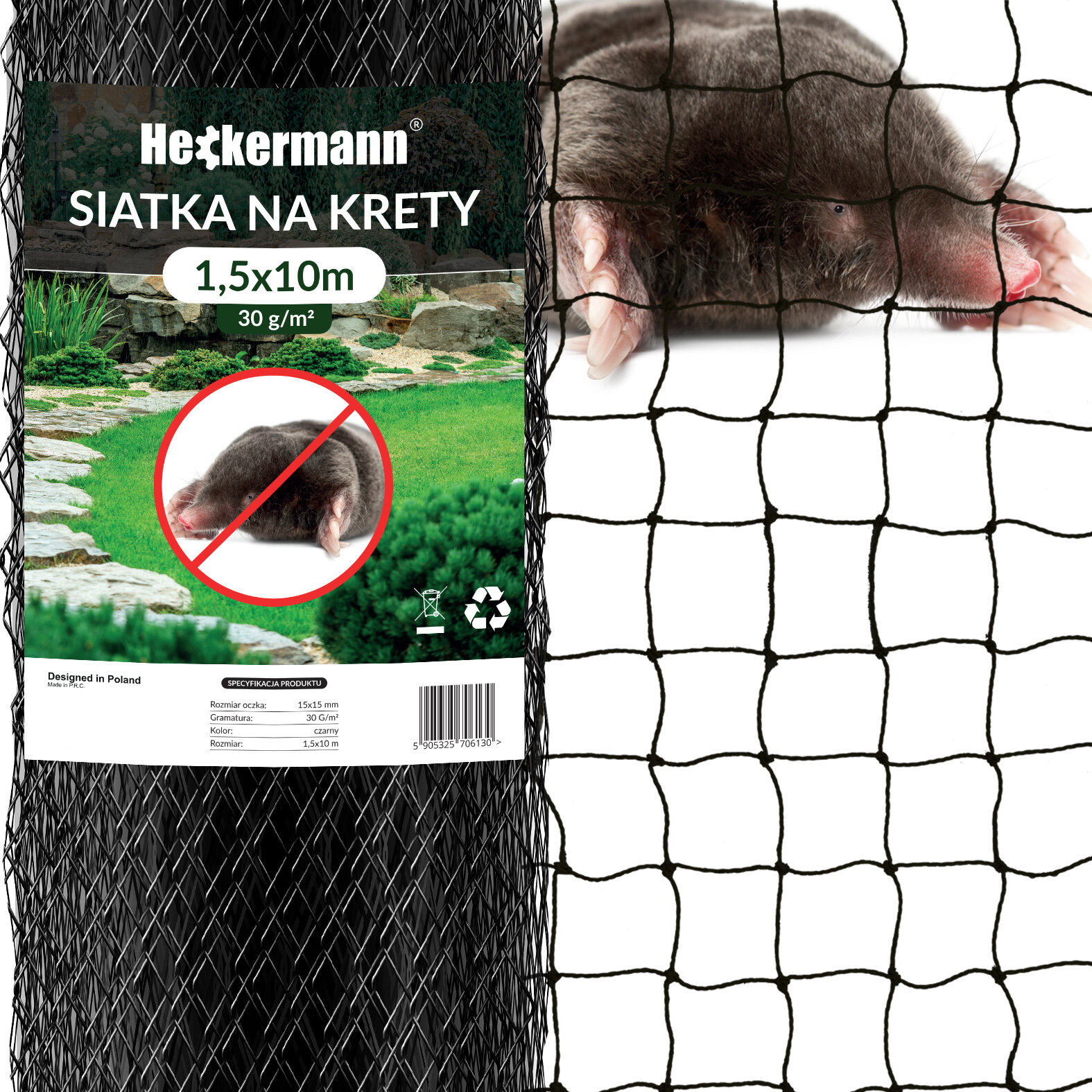 Obraz przedstawia siatkę na krety marki Heckermann o wymiarach 1,5x10m i gramaturze 30g/m2. Na etykiecie widoczny jest przekreślony wizerunek kreta oraz informacje o produkcie, takie jak \'Designed in Poland\' i kod kreskowy.