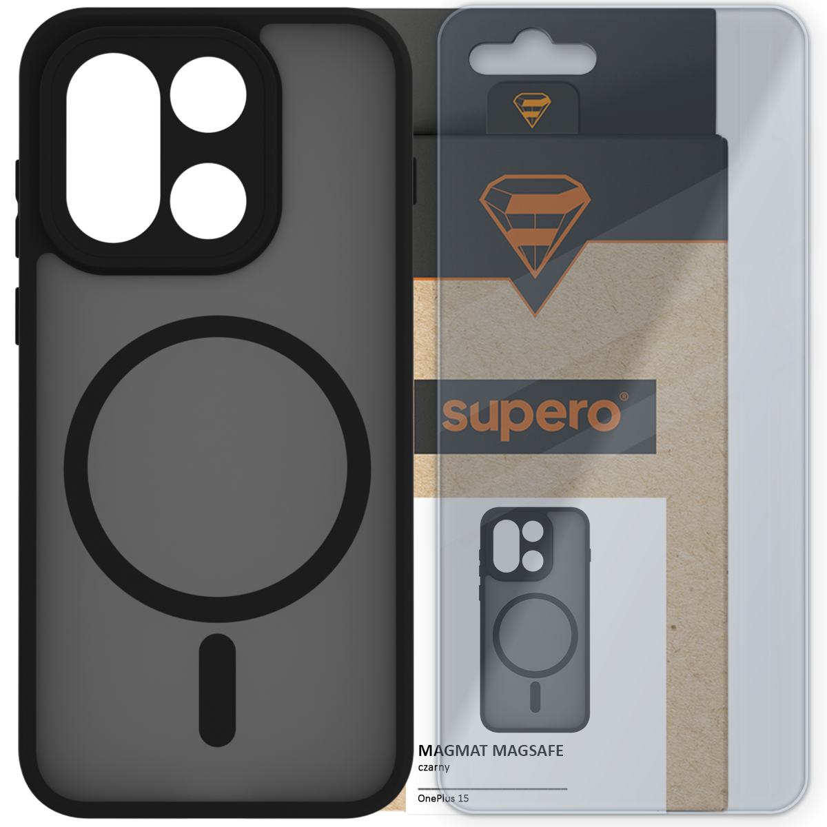 Na obrazie widoczne jest etui na telefon z dużym okrągłym wzorem oraz opakowanie z logo \'supero\'. Na opakowaniu znajduje się napis \'MAGMAT MAGSAFE czarny OnePlus 15\'.