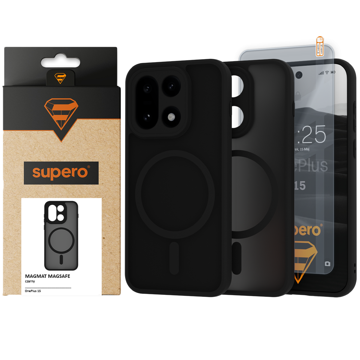 Na obrazie widoczne jest czarne etui na telefon z okrągłym wzorem, obok którego znajduje się opakowanie z logo \'supero\'. W tle widać szkło ochronne z wyświetlonym ekranem telefonu.
