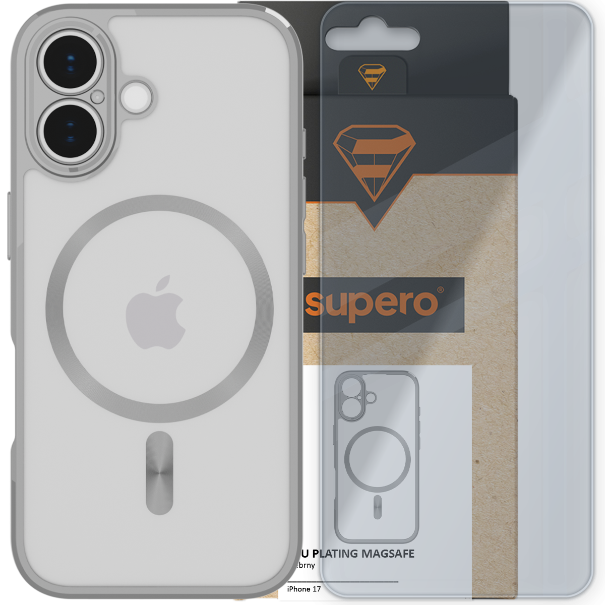 Przezroczyste etui do iPhone 17 z widocznym logo Apple i okręgiem MagSafe. W tle opakowanie z logo \'supero\'.
