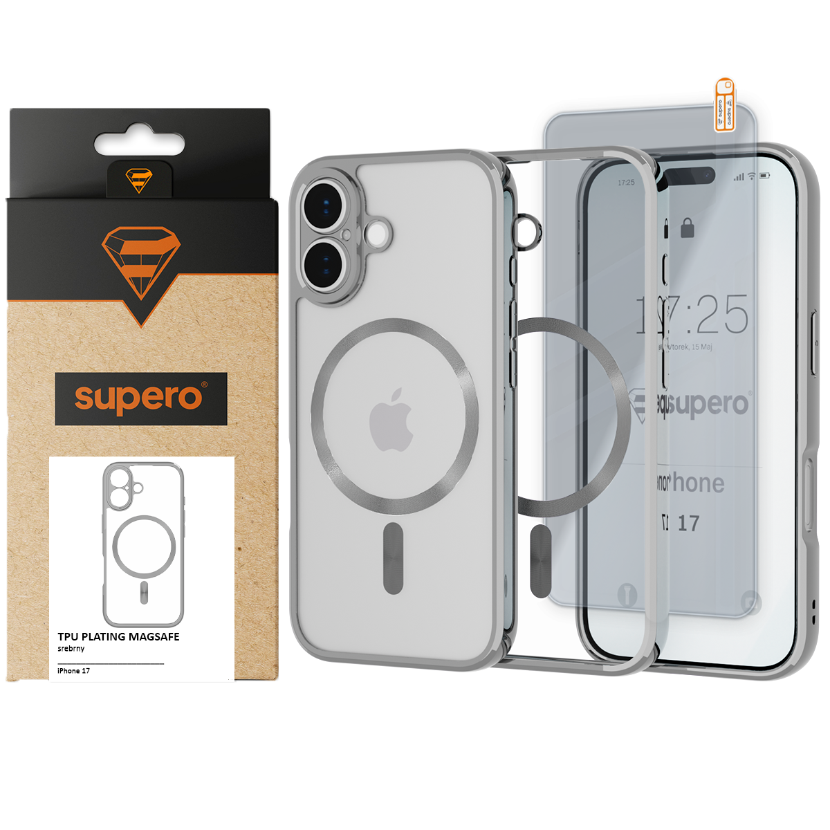 Obraz przedstawia przezroczyste etui do iPhone 17 z widocznym logo producenta Supero oraz opakowanie z napisem \'TPU PLATING MAGSAFE srebrny\'. Etui posiada okrągły wzór na środku, a w tle widoczna jest szybka ochronna z wyświetlonym tekstem \'17:25, supero, iPhone 17\'.