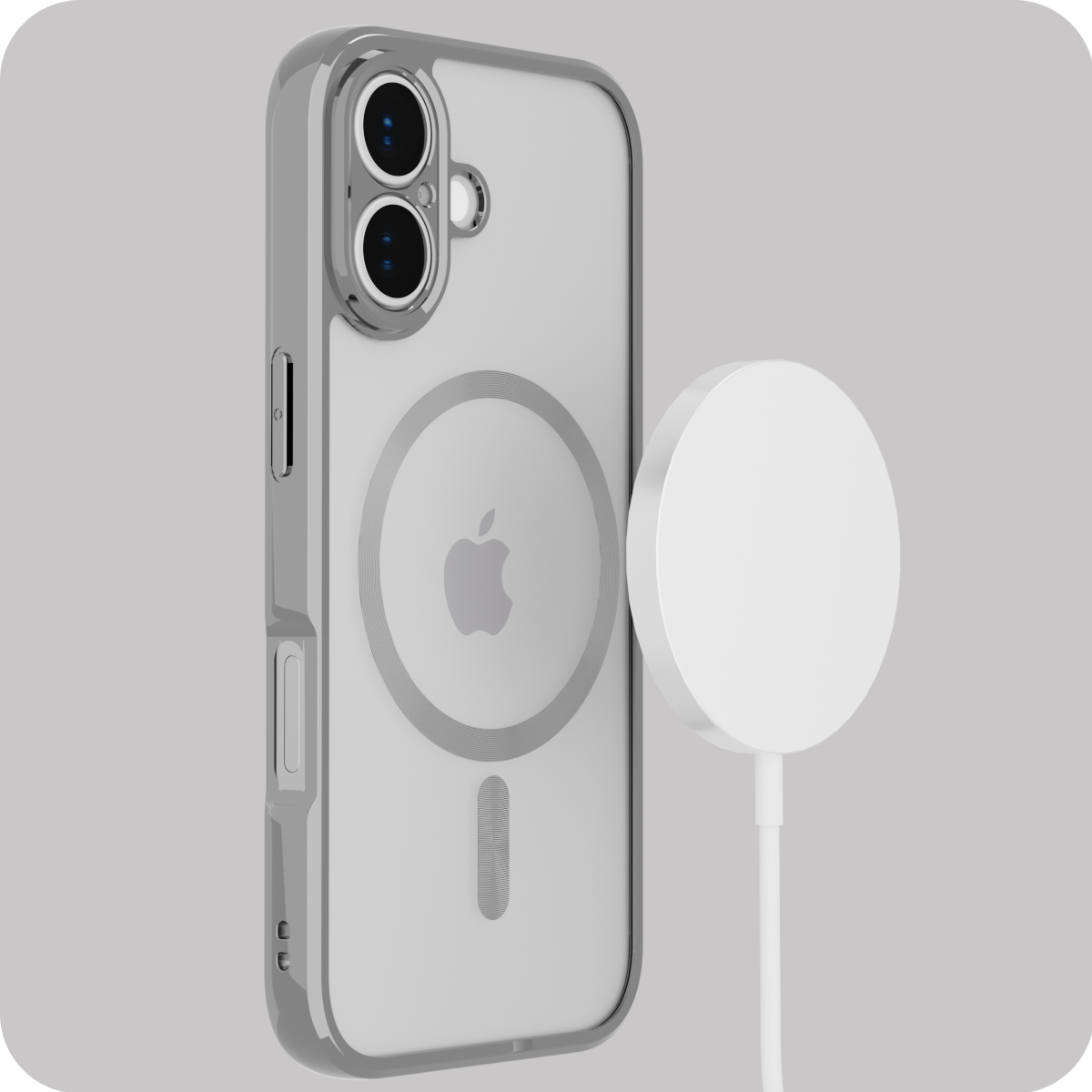 Przezroczyste etui na telefon z widocznym logo Apple i okrągłym wzorem na plecach, obok znajduje się biały, okrągły element przypominający ładowarkę MagSafe.