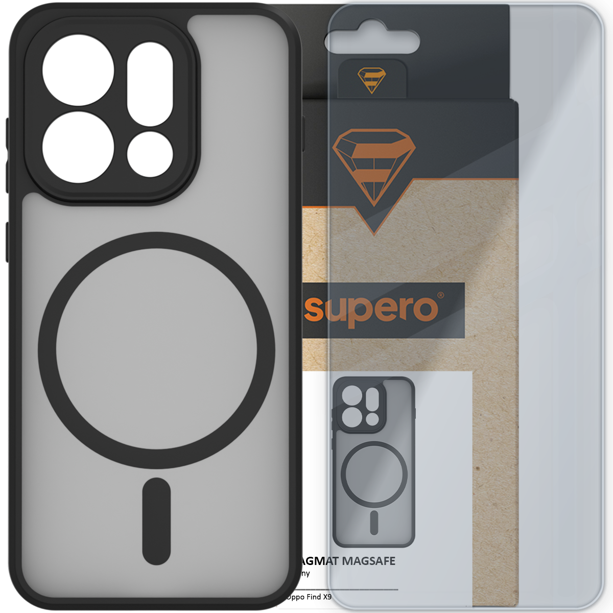 Obraz przedstawia matowe etui do telefonu z dużym okrągłym wzorem i wycięciami na aparat. W tle widoczne jest opakowanie z logo \'supero\'.