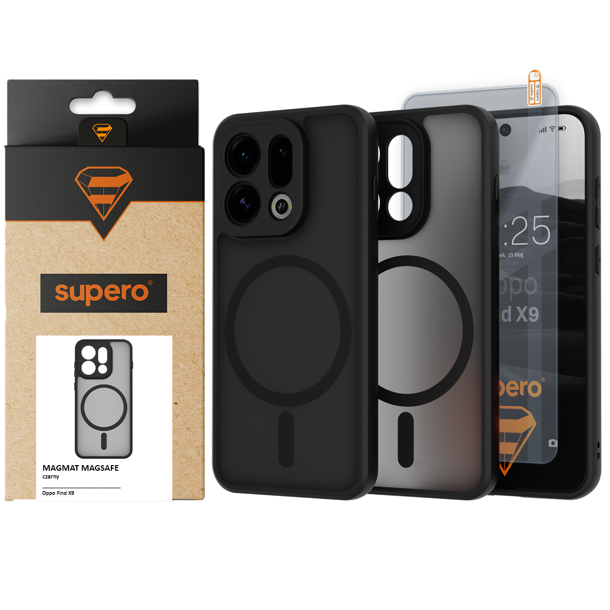 Na obrazie widoczne jest czarne etui do telefonu z okrągłym wzorem, obok znajduje się opakowanie z logo \'supero\'. Na ekranie telefonu widoczny jest tekst: \'Oppo Find X9\'.