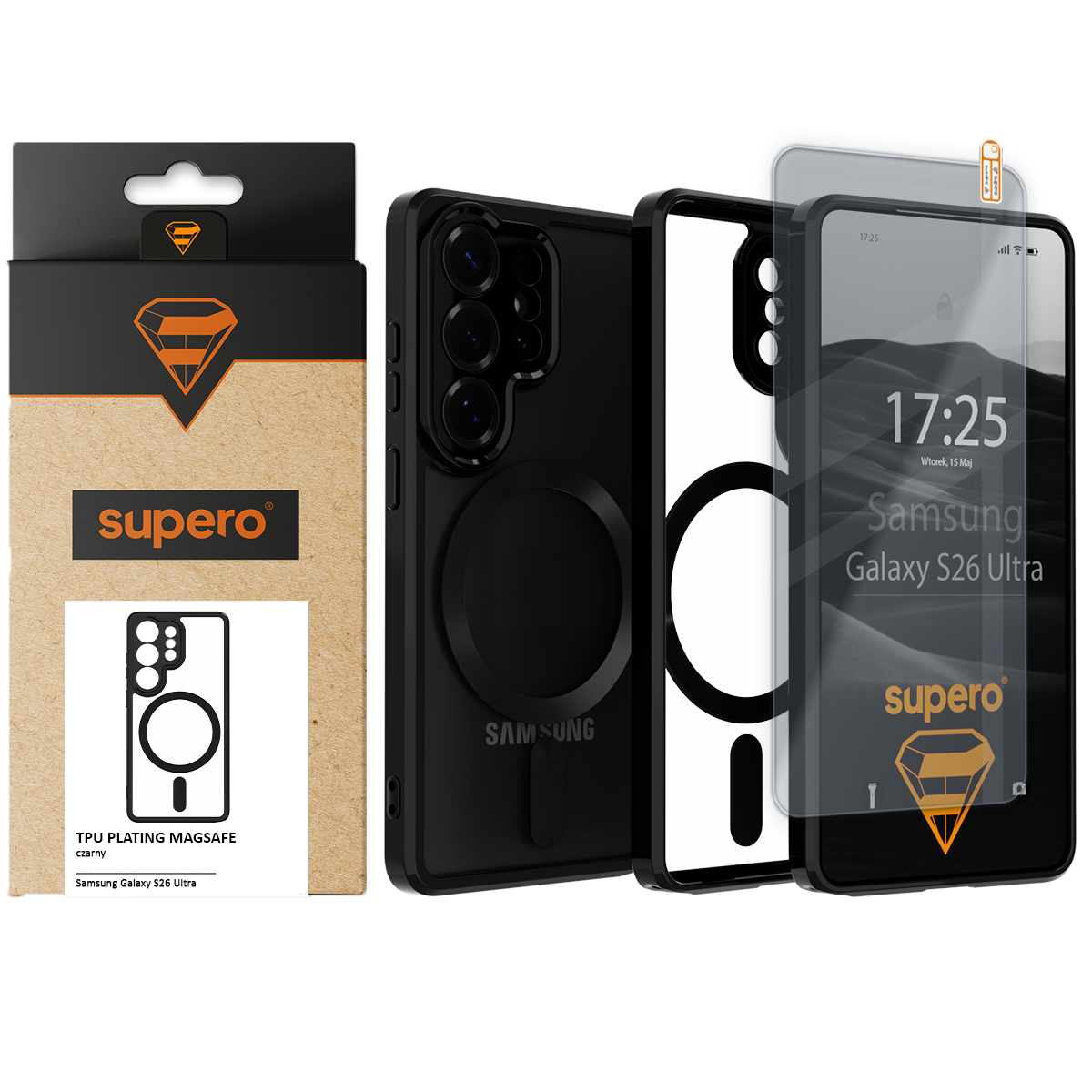 Na obrazie widoczne jest czarne etui do Samsung Galaxy S26 Ultra z magnetycznym uchwytem oraz szkłem ochronnym. Opakowanie produktu ma logo \'supero\' i napis \'TPU PLATING MAGSAFE czarny\'.