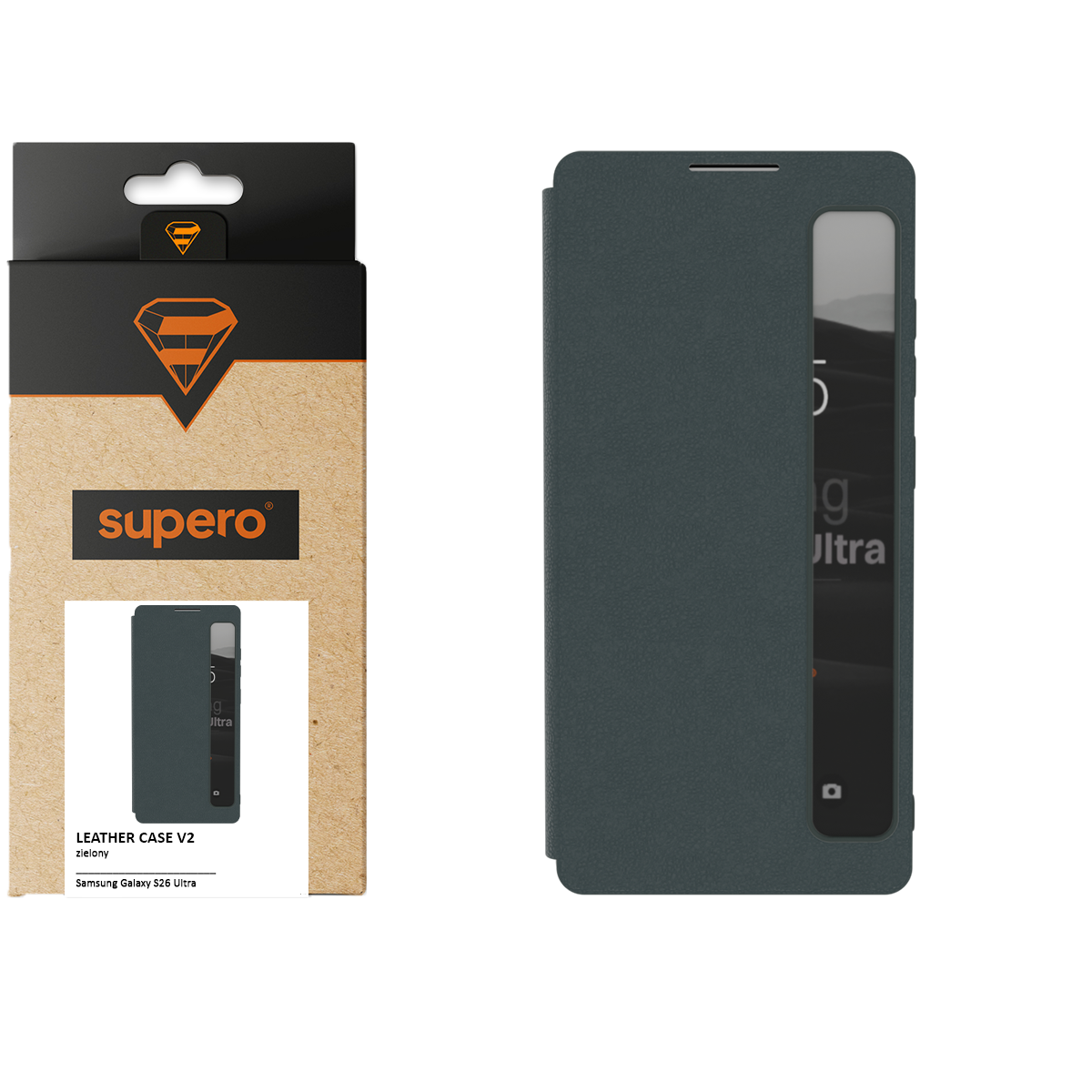 Na obrazie widoczne jest etui z klapką Smart View do Galaxy S26 Ultra w kolorze zielonym, obok znajduje się opakowanie z logo \'supero\'. Na opakowaniu widnieje napis: \'LEATHER CASE V2 zielony Samsung Galaxy S26 Ultra\'.