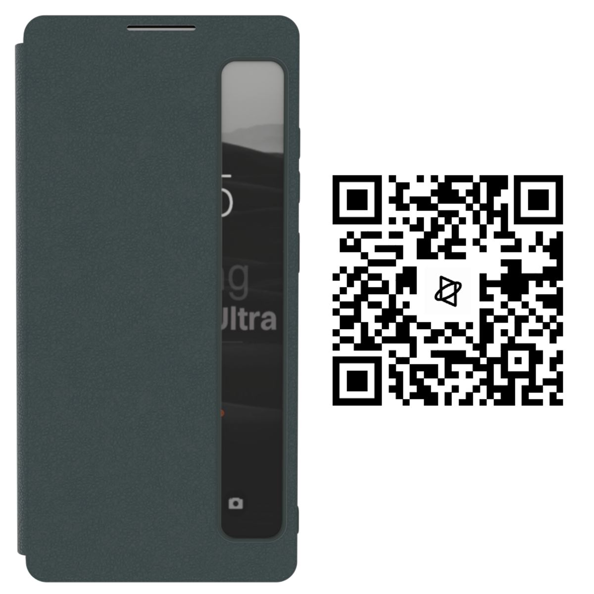 Skórzane etui do telefonu z oknem podglądu, obok znajduje się kod QR. Na ekranie telefonu widoczny jest fragment tekstu: \'5g Ultra\'.