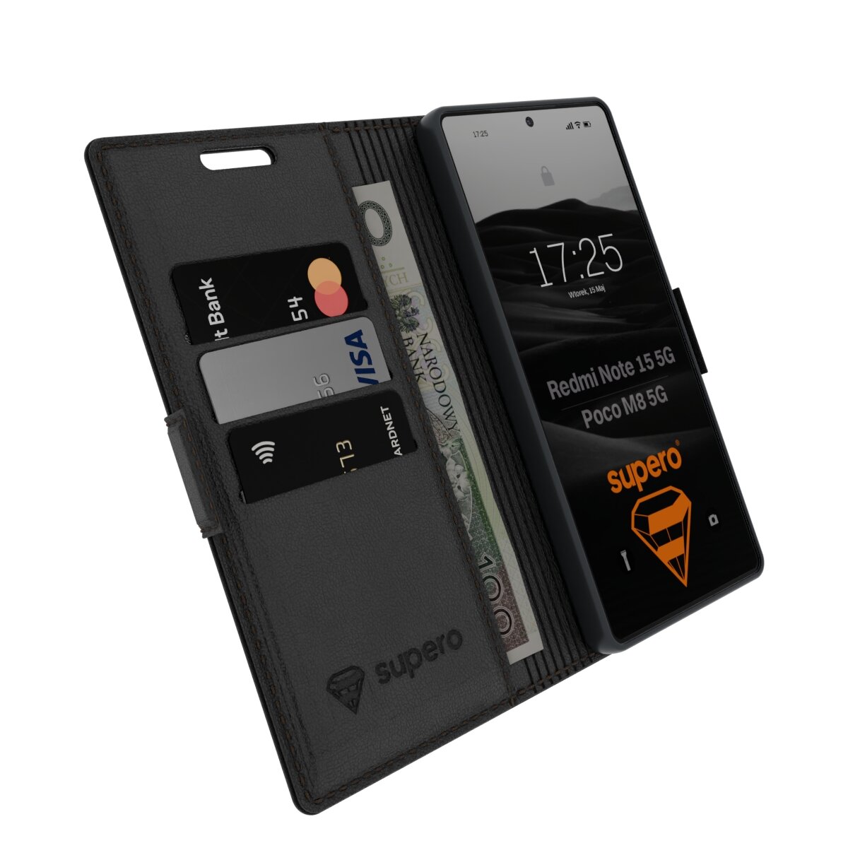 Etui z klapką w kolorze czarnym, z miejscem na karty i banknoty, obok smartfon z wyświetlaczem pokazującym godzinę 17:25 i tekst \'Redmi Note 15 5G / Poco M8 5G\'. Widoczne logo \'supero\' na etui.