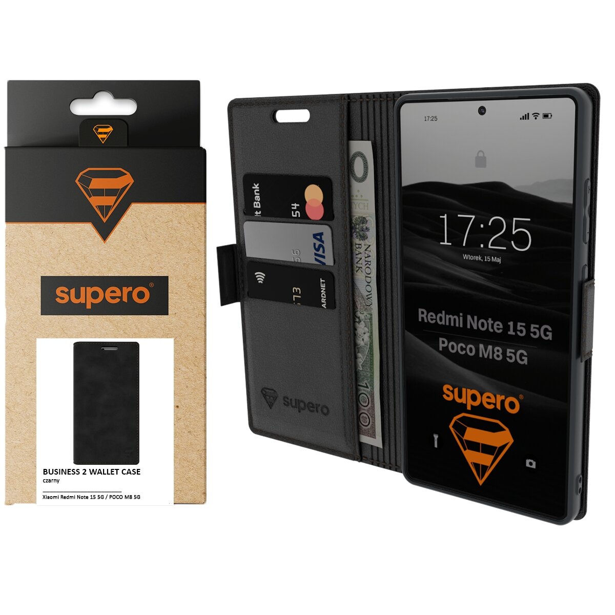 Etui z klapką w kolorze czarnym z miejscem na karty i banknoty, obok opakowanie z logo \'supero\'. Na ekranie telefonu widoczny jest napis \'Redmi Note 15 5G / Poco M8 5G\'.