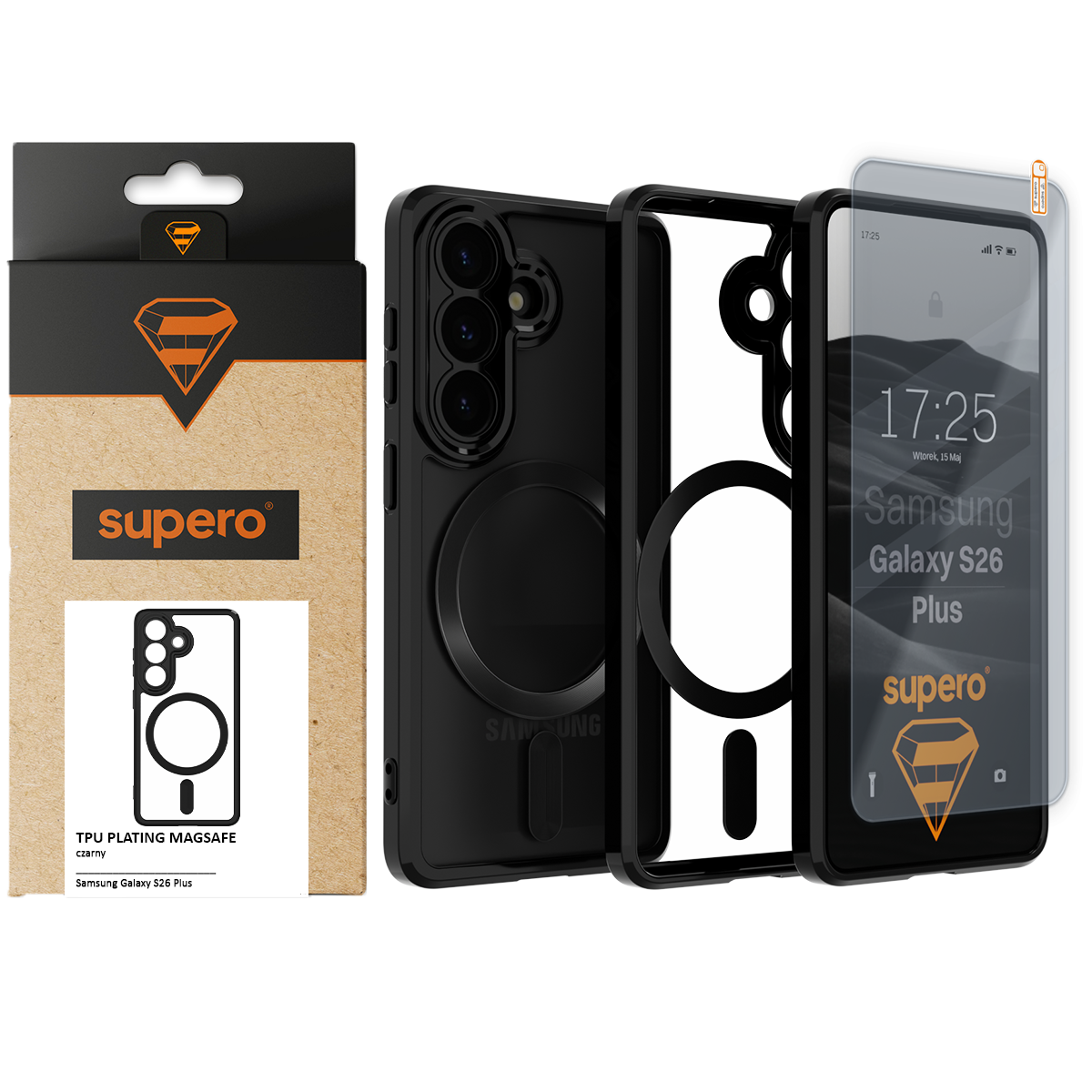 Obraz przedstawia czarne etui do Samsung Galaxy S26 Plus z magnetyczną obudową i szkłem ochronnym. Na opakowaniu widnieje logo \'supero\' oraz napis \'TPU PLATING MAGSAFE czarny\'.