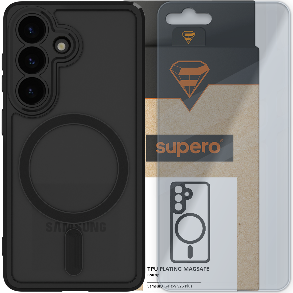 Czarne etui z trzema otworami na aparat i okrągłym wzorem na środku, obok opakowanie z logo \'supero\'.