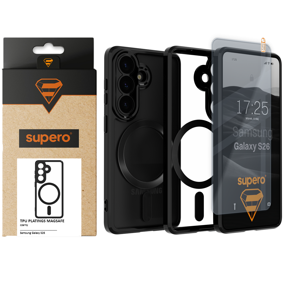 Obraz przedstawia czarne etui do Samsung Galaxy S26 z magnetyczną obudową i szkłem ochronnym, obok znajduje się opakowanie z logo \'supero\'. Na ekranie telefonu widoczny jest tekst: \'17:25 Wtorek, 15 Maj Samsung Galaxy S26\'.