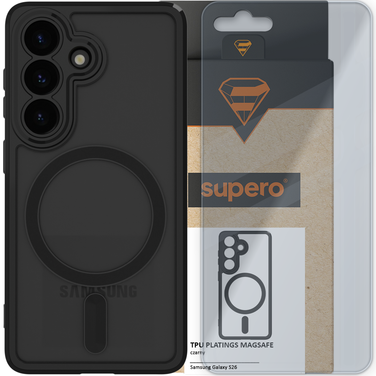 Czarne etui z trzema otworami na aparat i okrągłym wzorem na środku, obok opakowanie z logo \'supero\'. Na opakowaniu widoczny jest napis: \'TPU PLATINGS MAGSAFE czarny Samsung Galaxy S26\'.