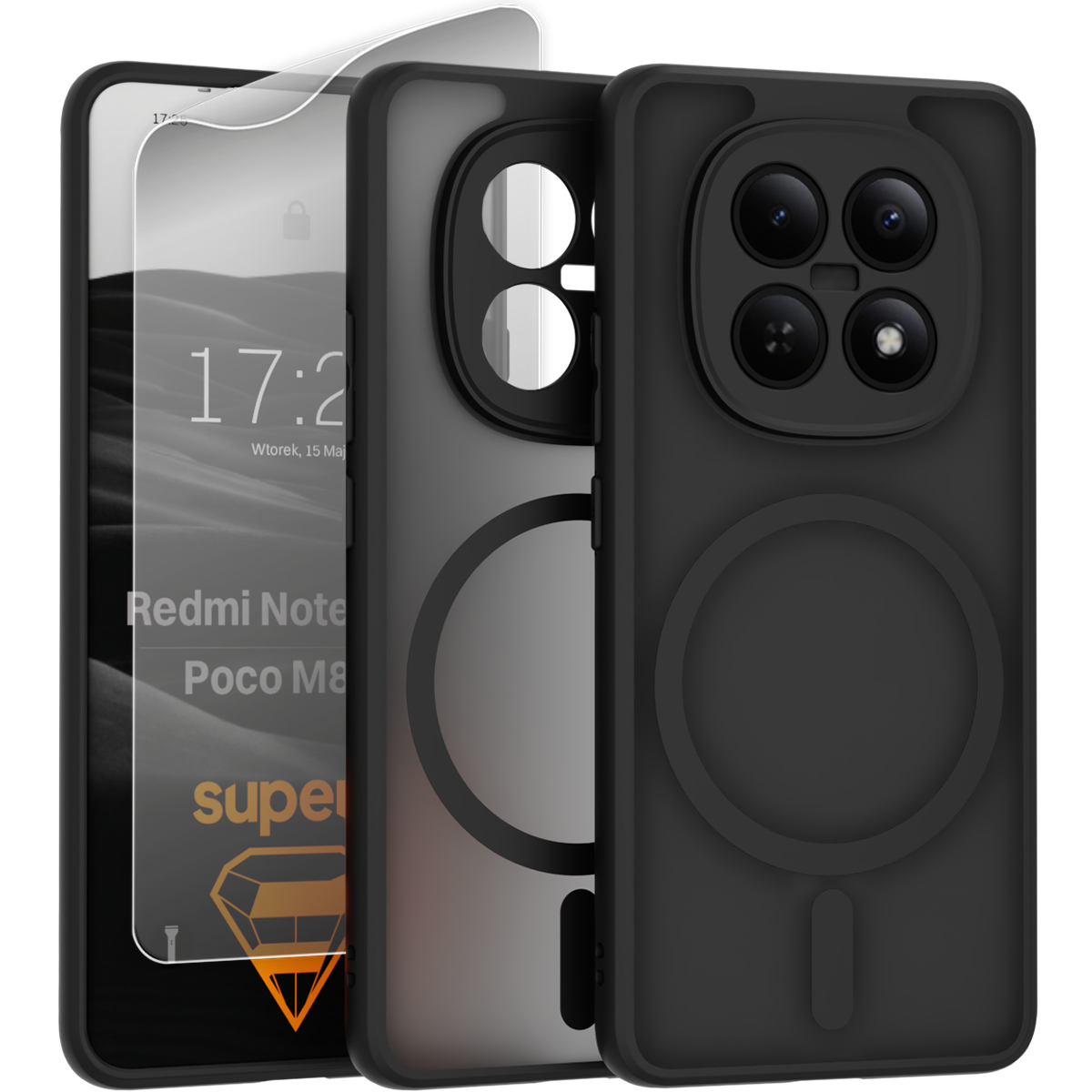 Na zdjęciu widoczne jest matowe etui do Xiaomi Redmi Note 15 5G / Poco M8 5G z funkcją MagSafe oraz folia ochronna. Na ekranie telefonu widoczny jest tekst: \'Redmi Note 15 5G / Poco M8 5G\' oraz logo w kształcie diamentu z napisem \'super\'.
