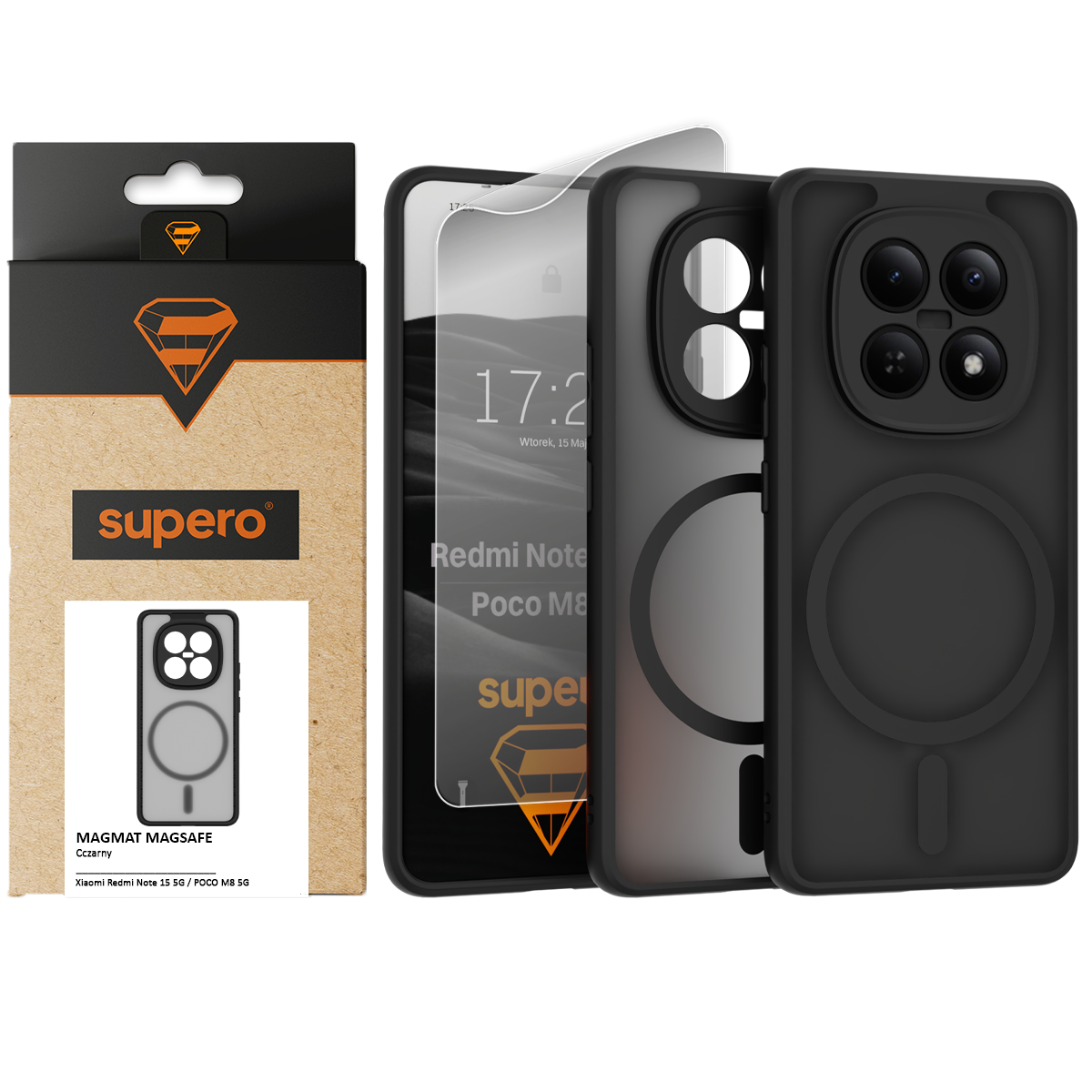 Na obrazie widoczne jest czarne etui do telefonu z okrągłym wzorem, obok którego znajduje się opakowanie z logo \'supero\'. Na ekranie telefonu widoczny jest tekst: \'Redmi Note 15 5G / Poco M8 5G\'.