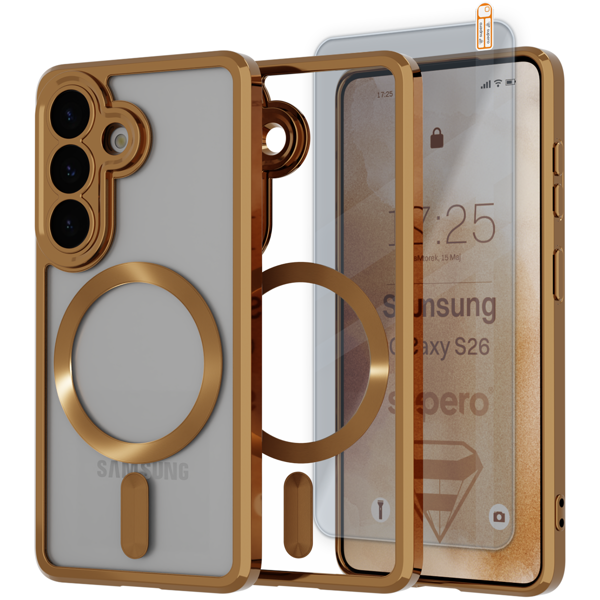 Obraz przedstawia etui do telefonu Samsung Galaxy S26 z magnetyczną obudową w kolorze złotym oraz szkłem ochronnym. Na ekranie telefonu widoczny jest tekst: \'17:25, Wtorek, 15 Maj, Samsung Galaxy S26\'.