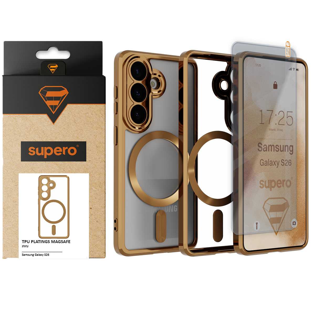 Obraz przedstawia etui do Samsung Galaxy S26 w kolorze złotym z magnetycznym pierścieniem oraz szkłem ochronnym. Opakowanie z logo \'supero\' zawiera ilustrację etui i napis \'TPU PLATINGS MAGSAFE\'.