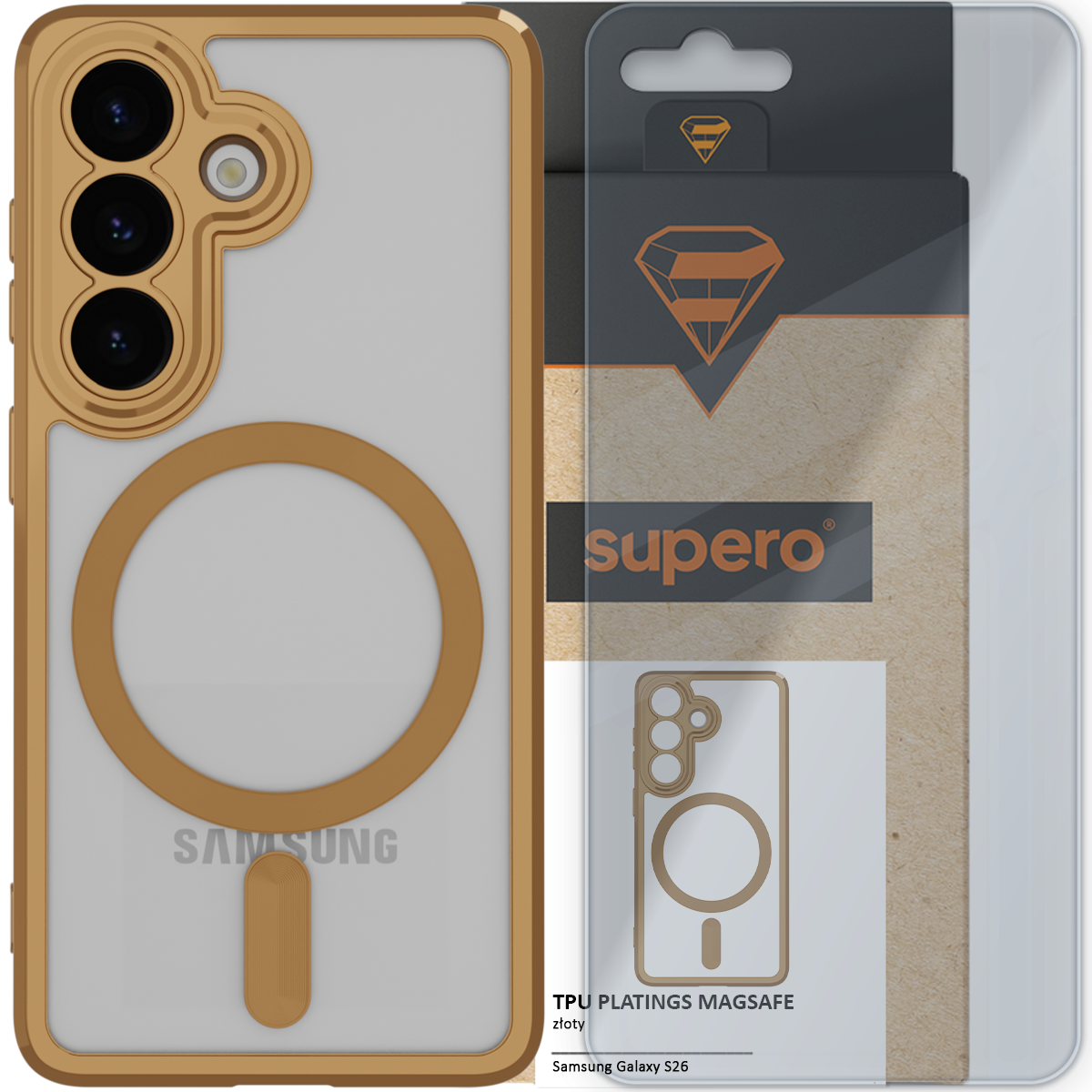 Obraz przedstawia etui do telefonu Samsung Galaxy S26 w kolorze złotym z okrągłym wzorem na środku, zaprojektowane do MagSafe. W tle widoczna jest przezroczysta osłona z logo \'supero\' oraz napisami \'TPU PLATINGS MAGSAFE złoty\' i \'Samsung Galaxy S26\'.
