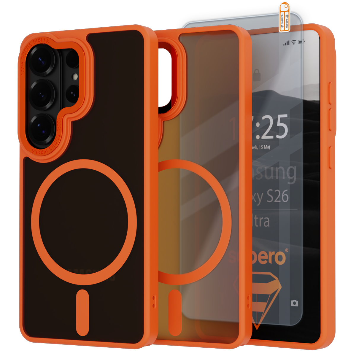 Obraz przedstawia pomarańczowe etui do telefonu z trzema aparatami oraz przezroczystą osłoną ekranu. Na ekranie widoczny jest tekst: \'10:25 Wtorek, 15 Maj Samsung Galaxy S26 Ultra\'.