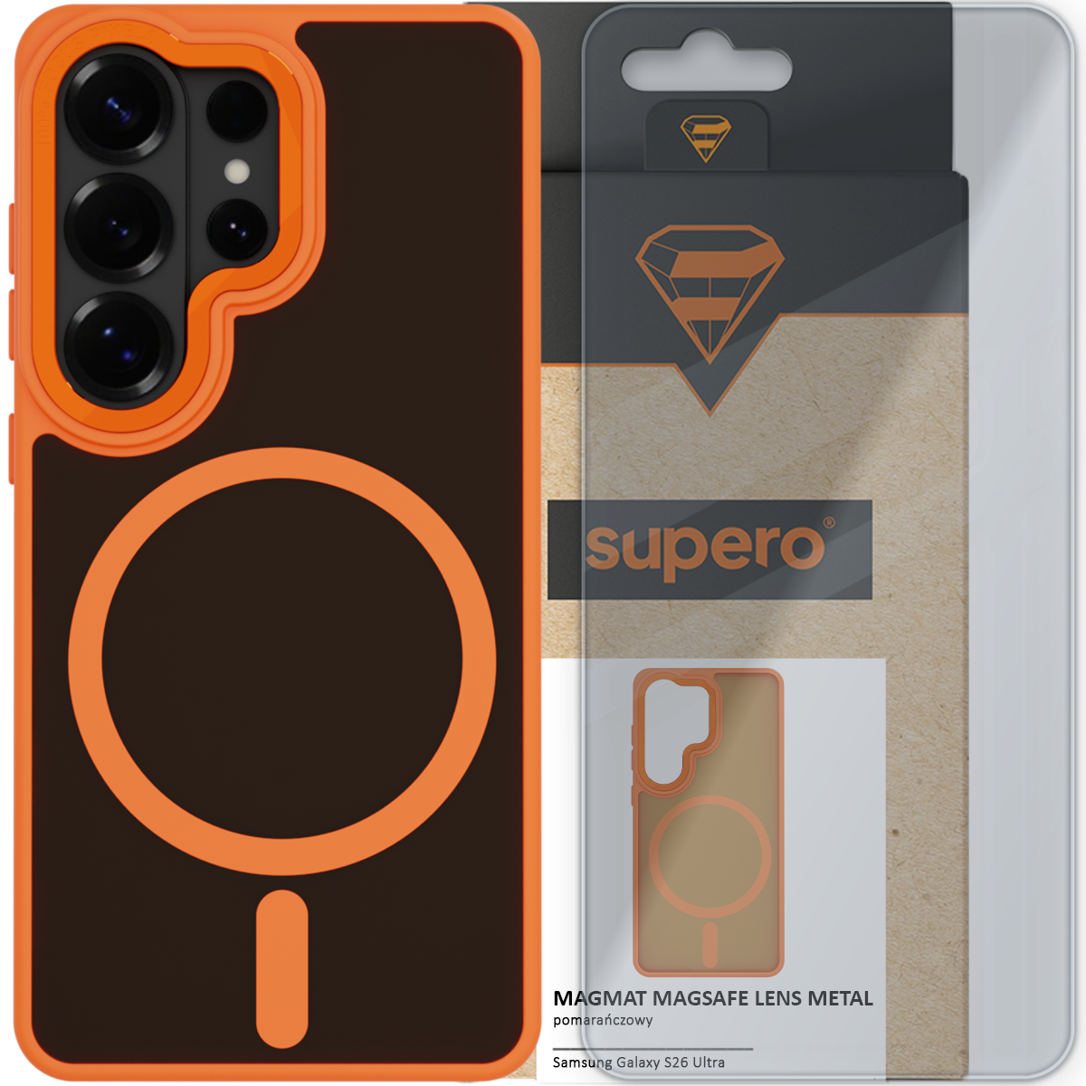 Obraz przedstawia etui do telefonu z pomarańczowym obramowaniem i okrągłym wzorem na ciemnym tle. W tle widoczne jest opakowanie z logo \'supero\' oraz napis \'MAGMAT MAGSAFE LENS METAL pomarańczowy Samsung Galaxy S26 Ultra\'.