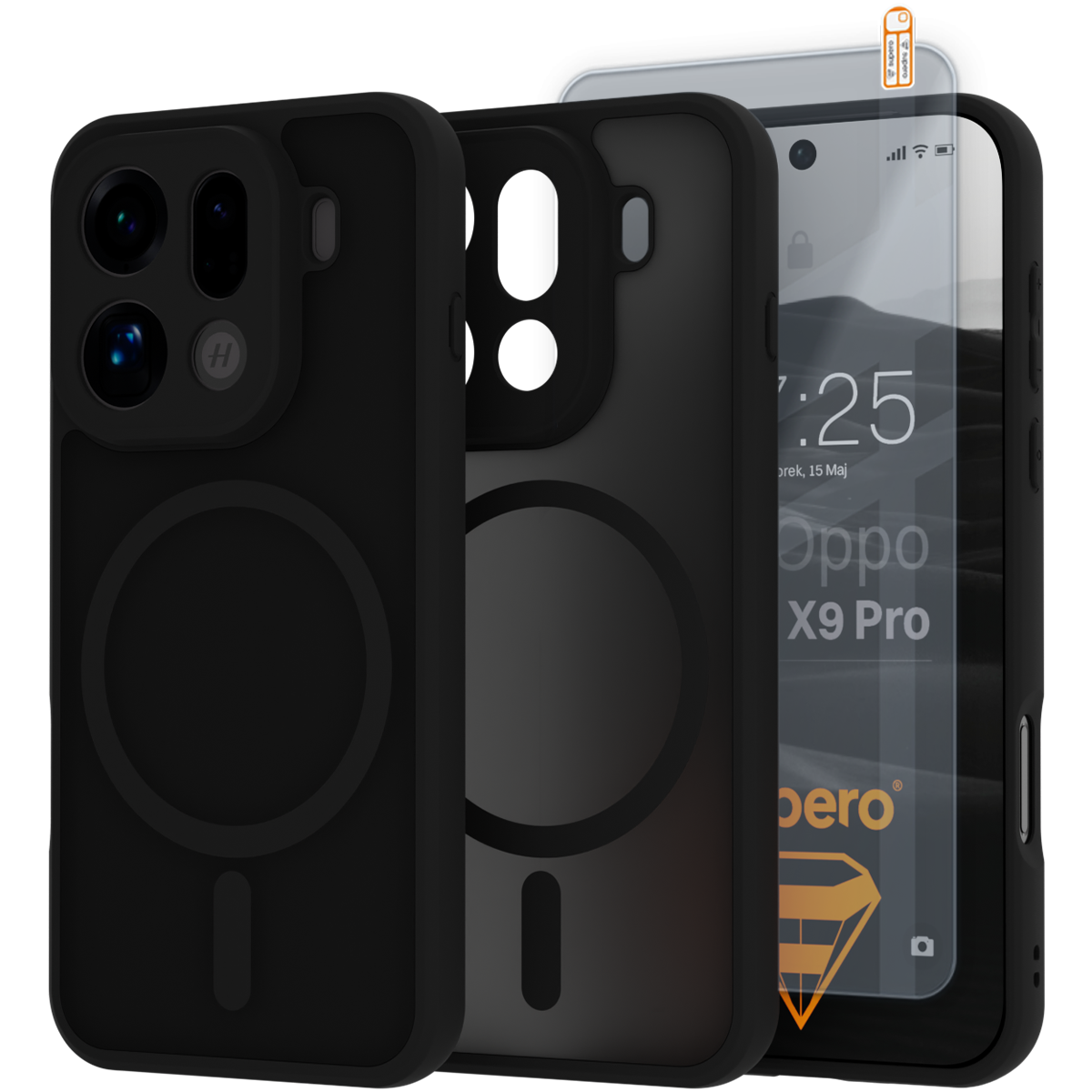 Na obrazie widoczne są dwa czarne etui na telefon z okrągłym wzorem oraz szkło ochronne z napisem \'Oppo X9 Pro\'. Logo \'Supero\' jest widoczne na szkle ochronnym.
