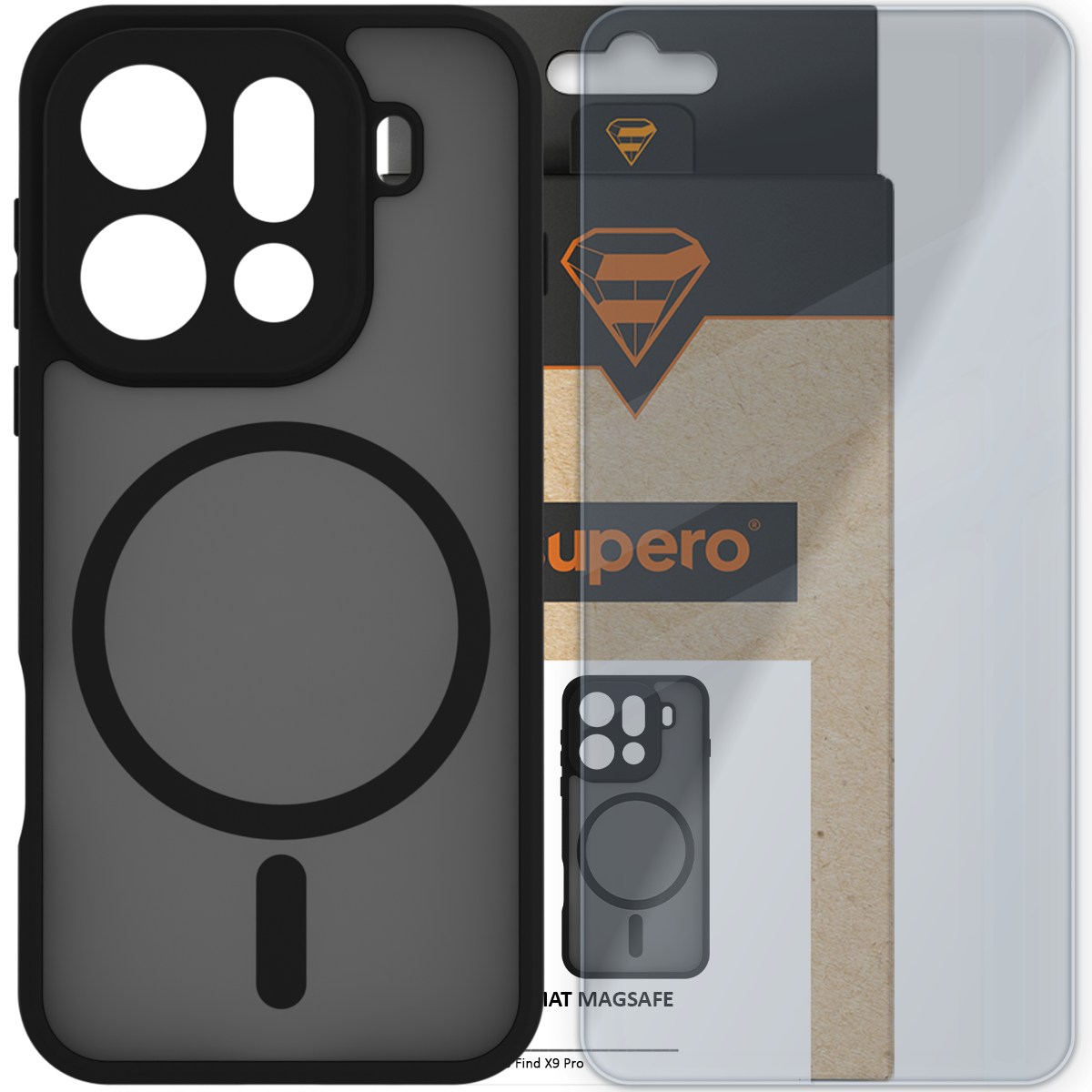 Na obrazie widoczne jest czarne etui z okrągłym wzorem, przeznaczone do telefonu, oraz przezroczysta osłona. W tle znajduje się opakowanie z logo \'Supero\'.